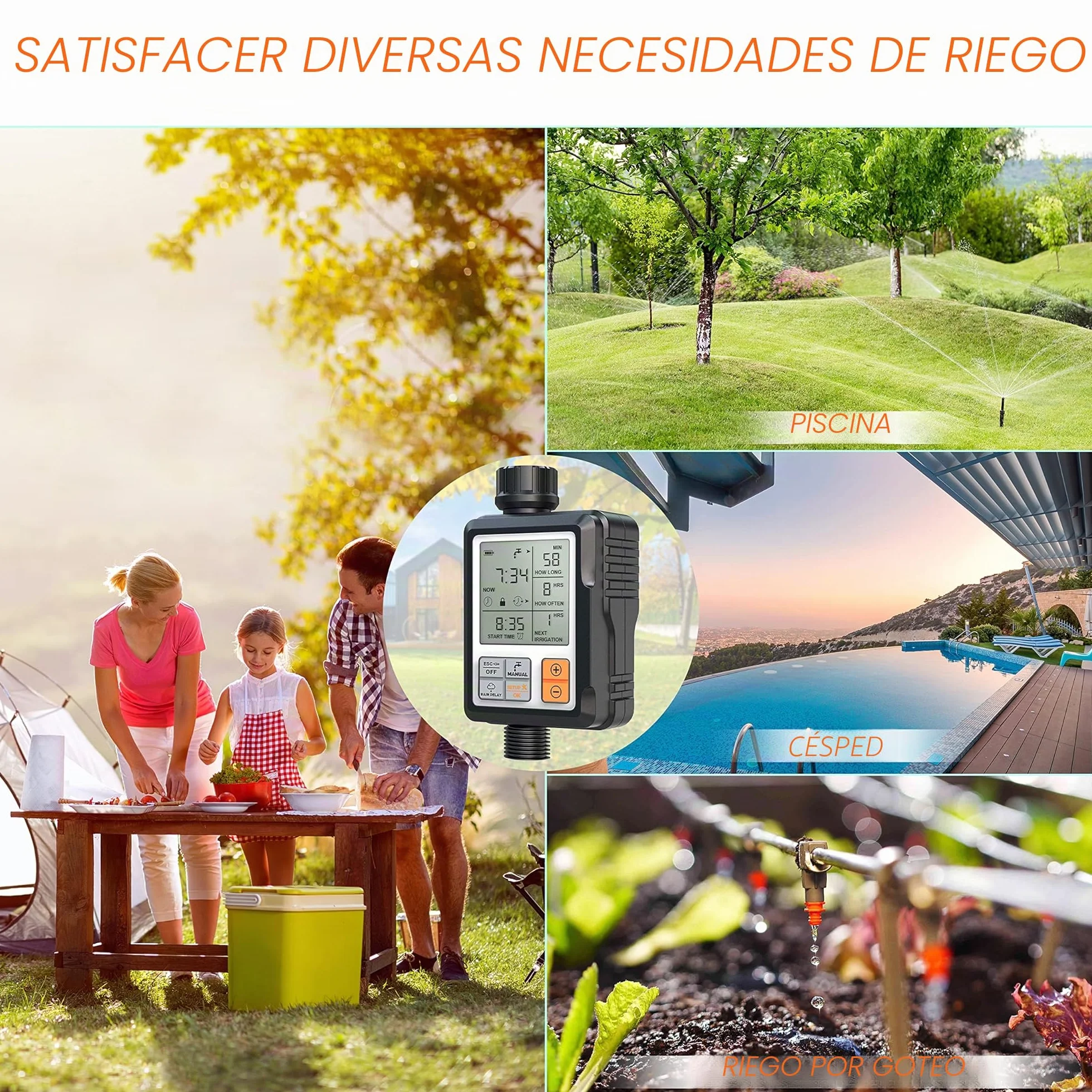 CROSOFMI Programador Riego Jardin Temporizador de Riego Automatico Control Pantalla Grande de 3 Pulgadas Naranja