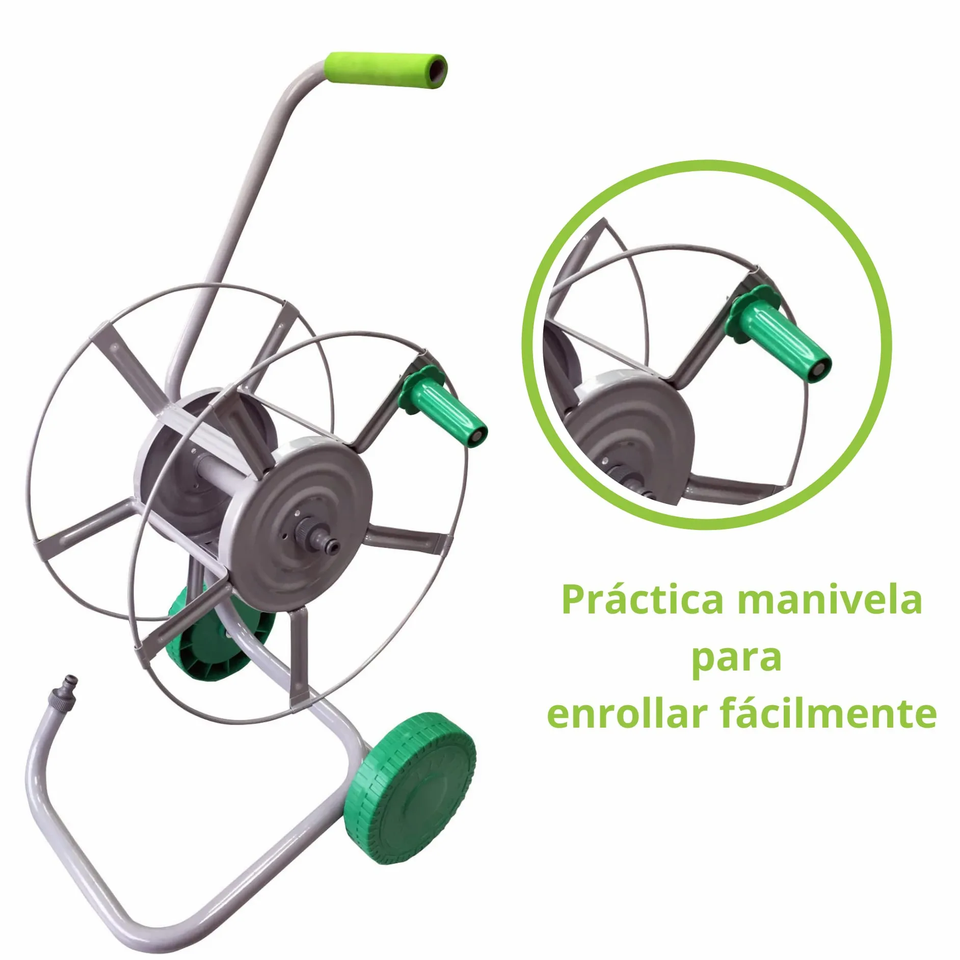 Carro para recoger mangueras, capacidad para 60 metros de manguera, cuenta con 2 ruedas para el fácil transporte, cuerpo fabricado en metal.Cuenta con 2 conexiones rápidas para la alimentación de agua
