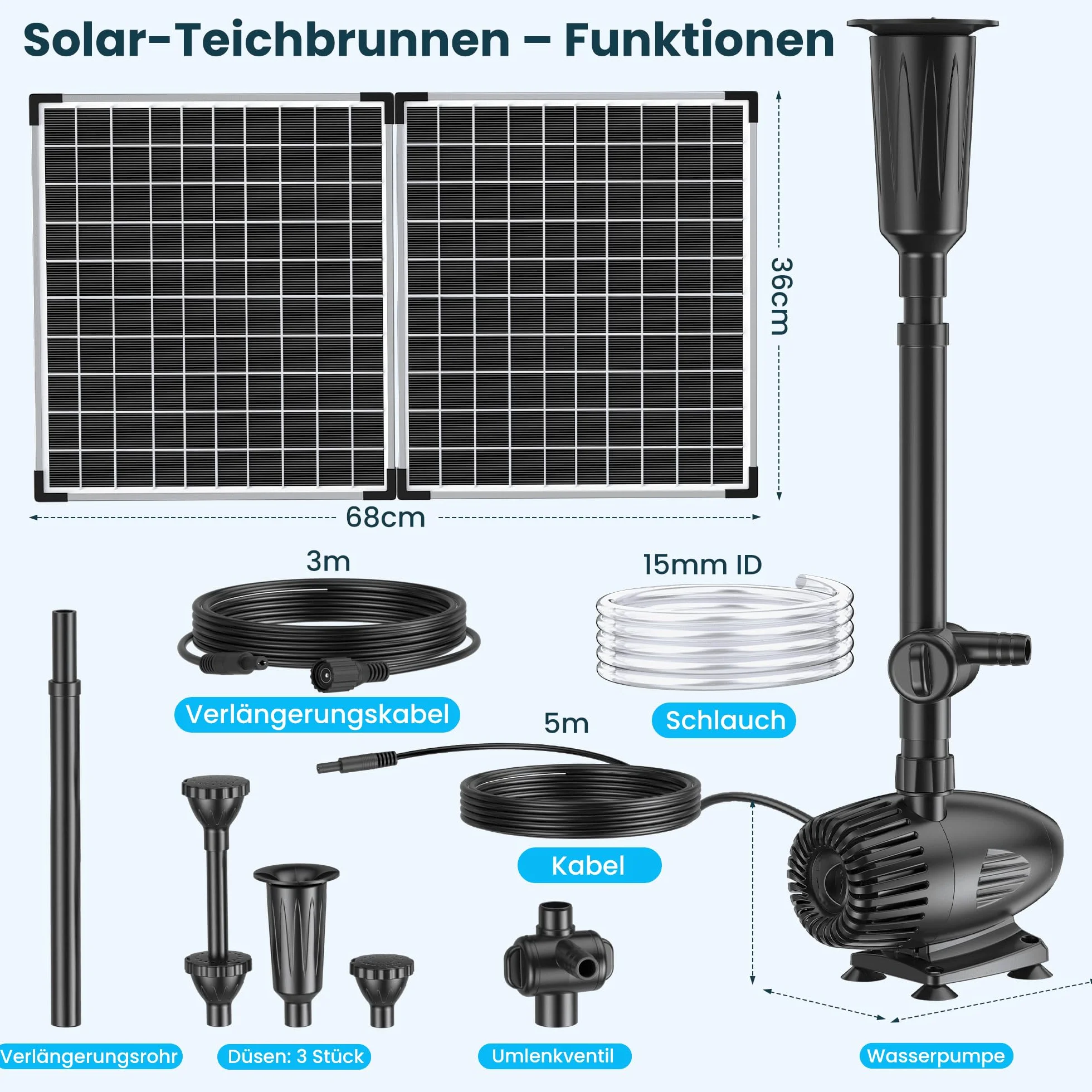 Biling Fuente solar de 50 W para exteriores con 3 boquillas, fuente solar de 2100 l/h para exteriores grandes estanques de jardín (5-20 ㎡), regulación de flujo, bomba de estanque silenciosa, bomba