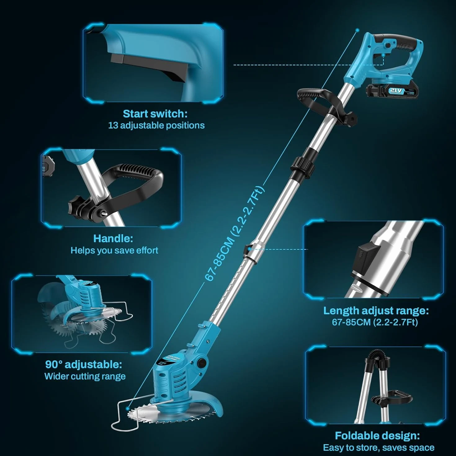 Desbrozadora a Bateria, Desbrozadora Electrica 500W 2 Baterías 2000 mAh 21V, 4 Tipos de Cuchillas, Mango Tubo Ajustables, Cabezal Giratorio de 90° para Recortar Fácilmente Rápido Césped Arbustos