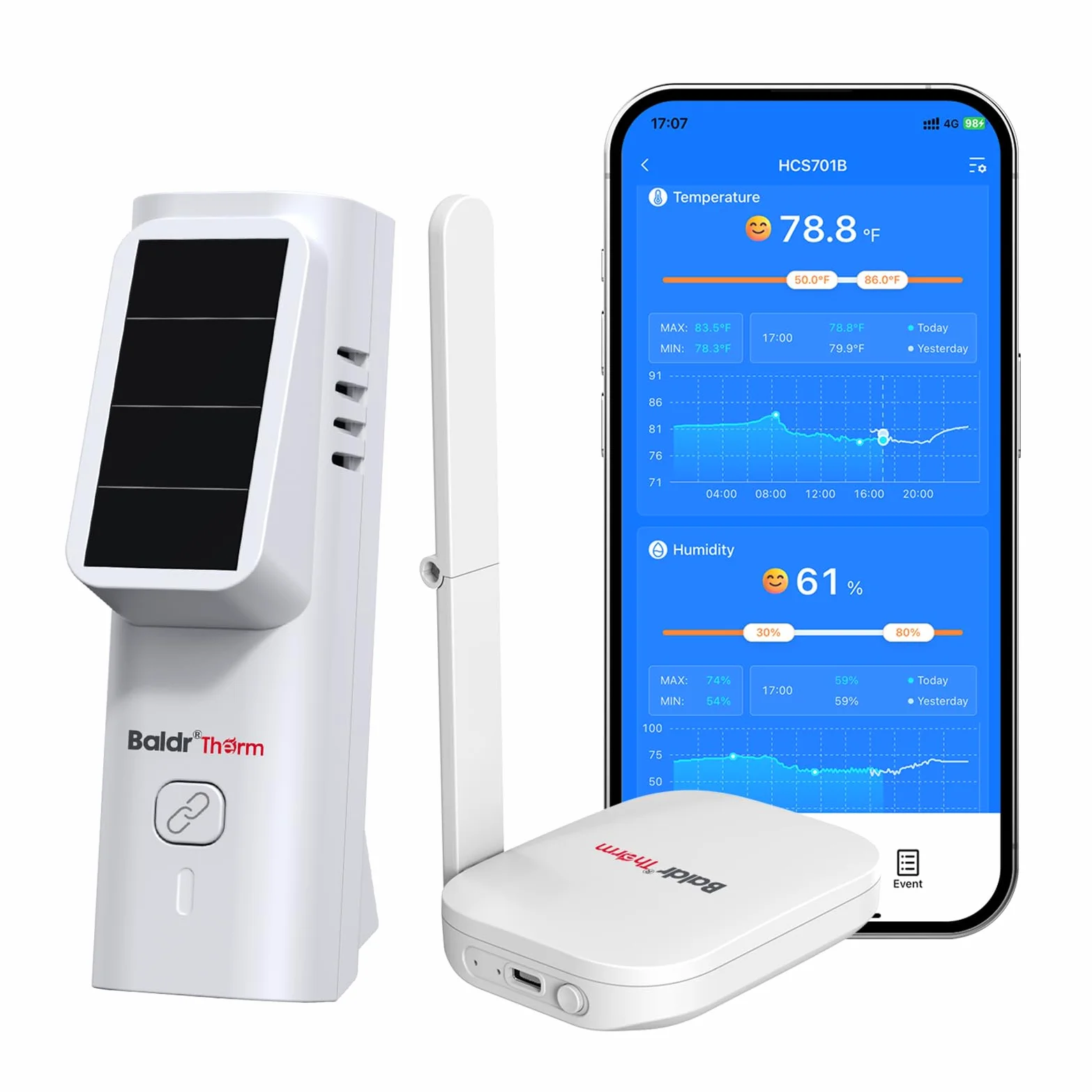 BaldrTherm Sensor de termómetro solar WiFi, humedad de temperatura inalámbrica inteligente con alerta de notificación de aplicación, almacenamiento de fecha, monitor remoto para invernadero de