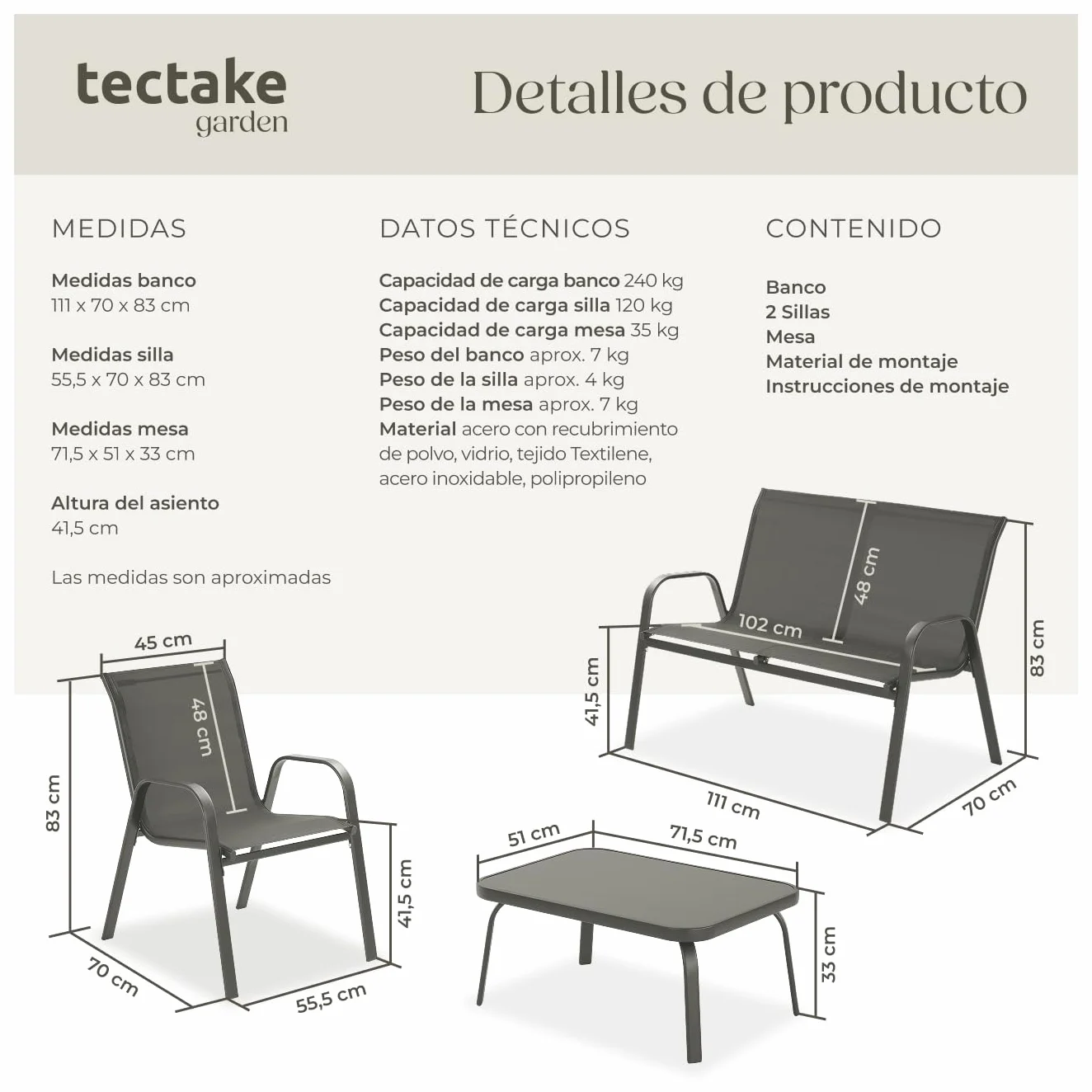tectake® Conjunto Jardin Exterior para 4 Personas, Muebles Jardin Exterior con Estructura de Acero, Mesa con Vidrio de Seguridad, Muebles Terraza y Sofa Terraza - Antracita