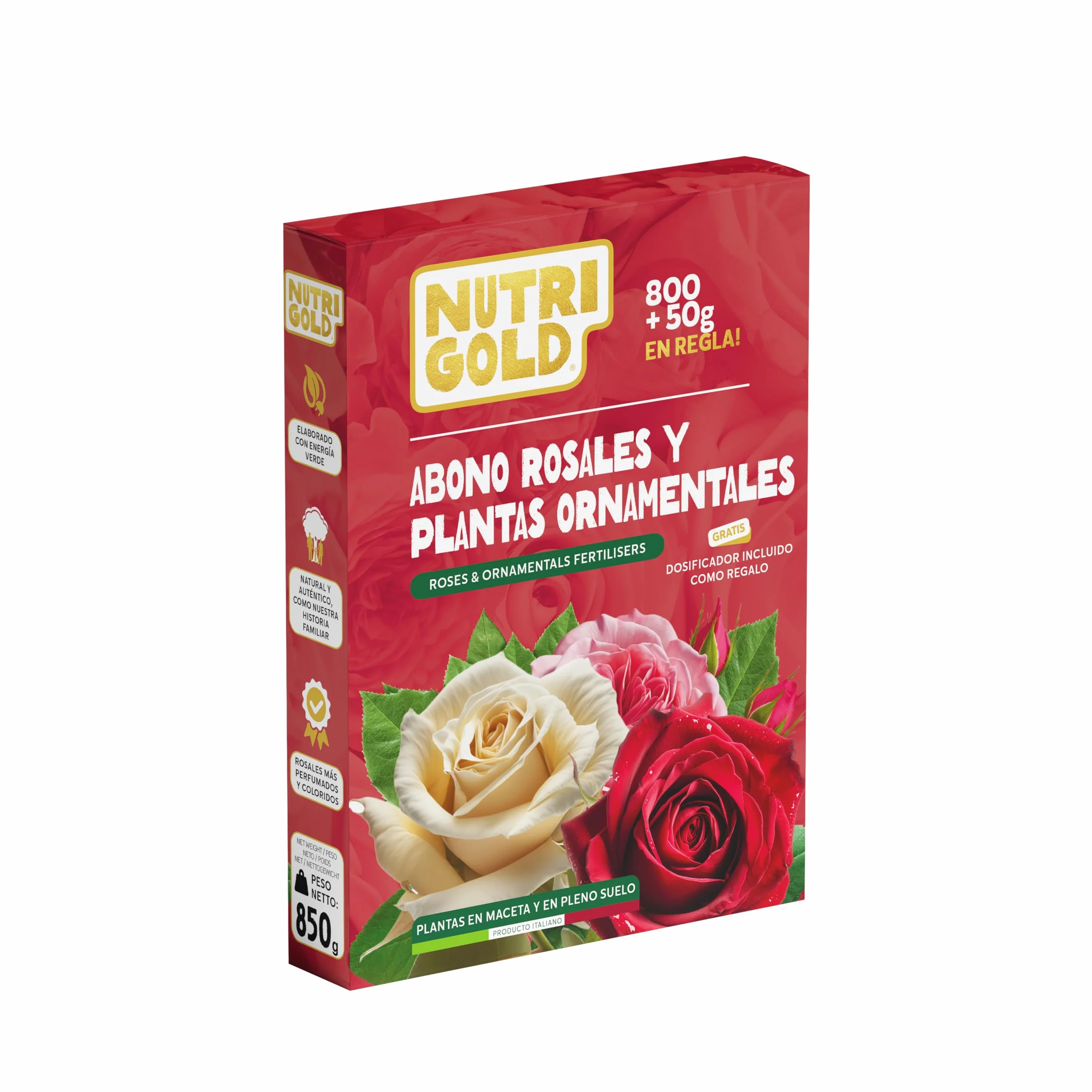 NutriGold® fertilizante Rosas y Flores | Abono para Rosas, Flores y Plantas Floridas - Estimula Floraciones Ricas e Intensas - 100% Natural Km0 - Sólido 800g + 50g Gratis