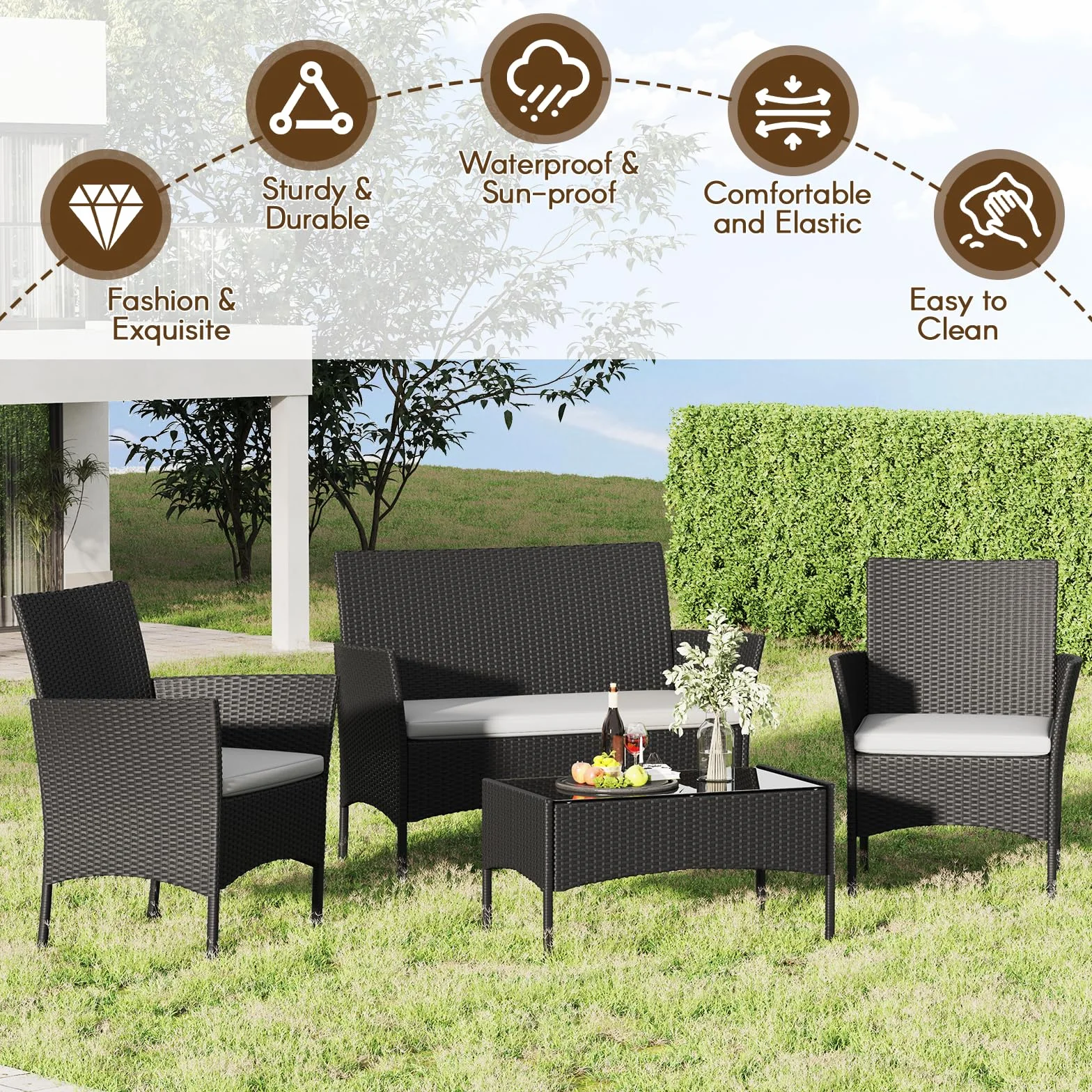 bigzzia Juego de muebles de jardín, salón de ratán, 4 asientos con mesa, 2 sillones y sofá de 2 plazas, negro