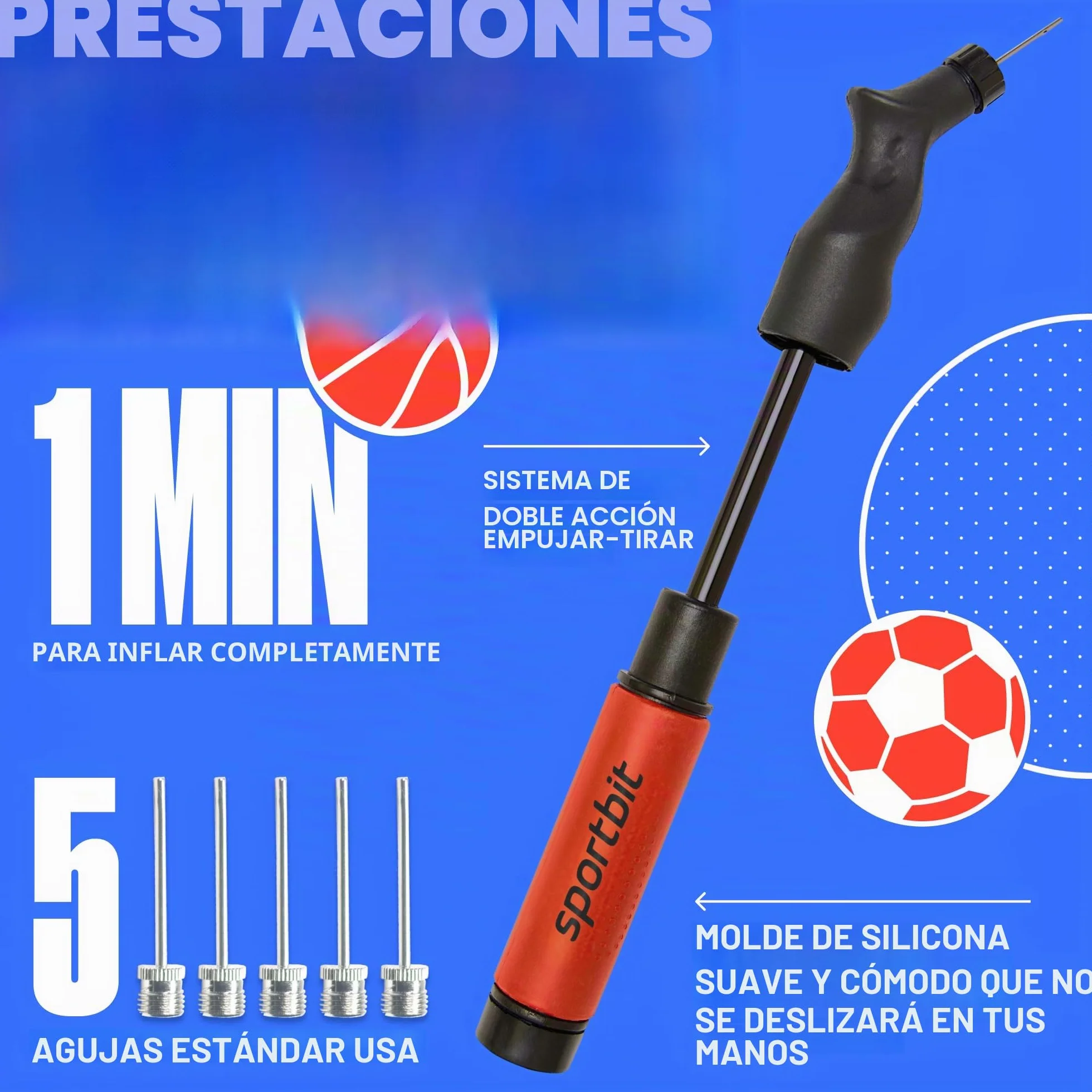 Bomba para Balones SPORTBIT con 5 Agujas – Inflado Push & Pull