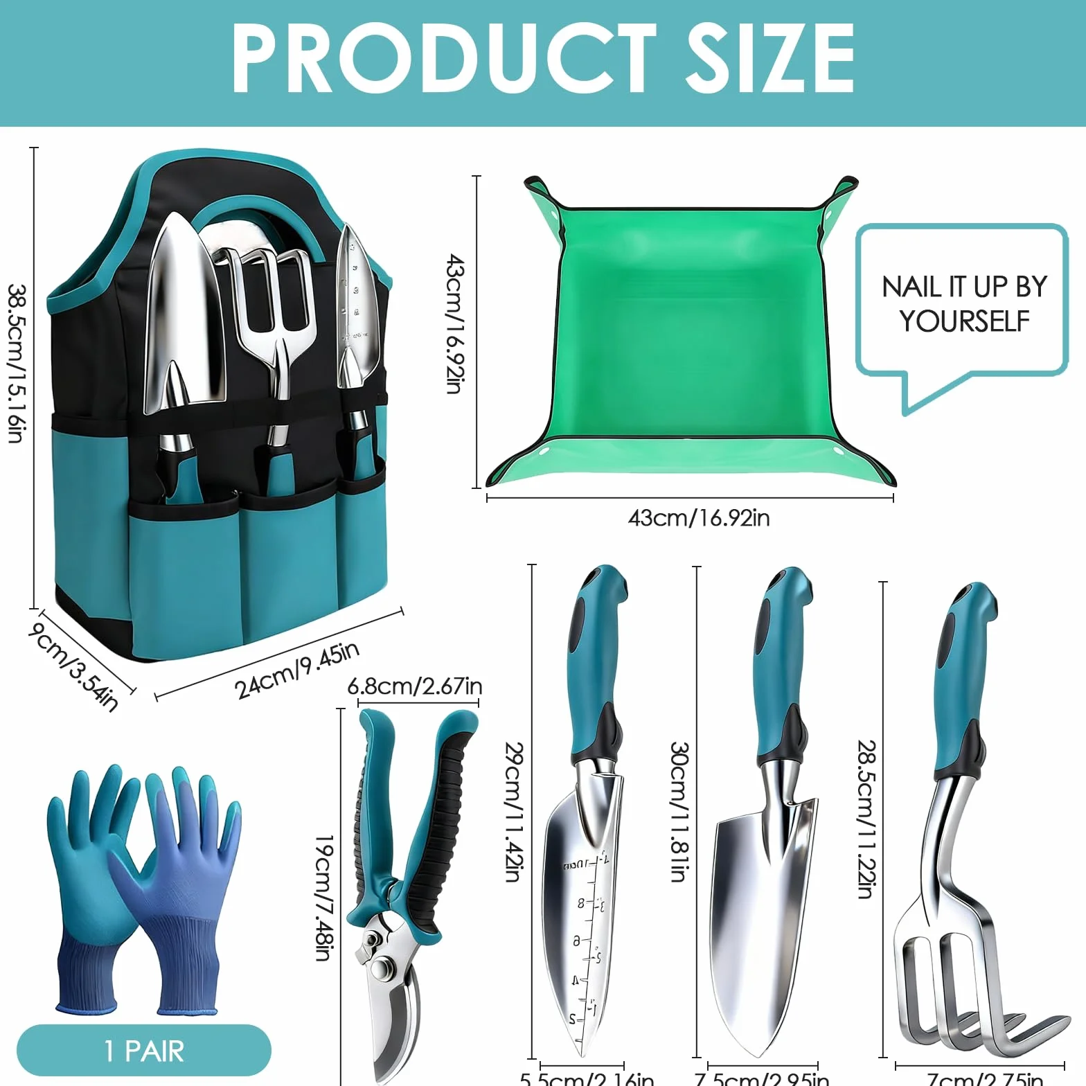 Juego de Herramientas de jardinería 7PC, Kit de jardineria Bolsa de Jardín con Bolsa de sujeción Resistente, Juego de Herramientas de Mano de jardín, Regalos de Jardinería para Mujeres y Hombres