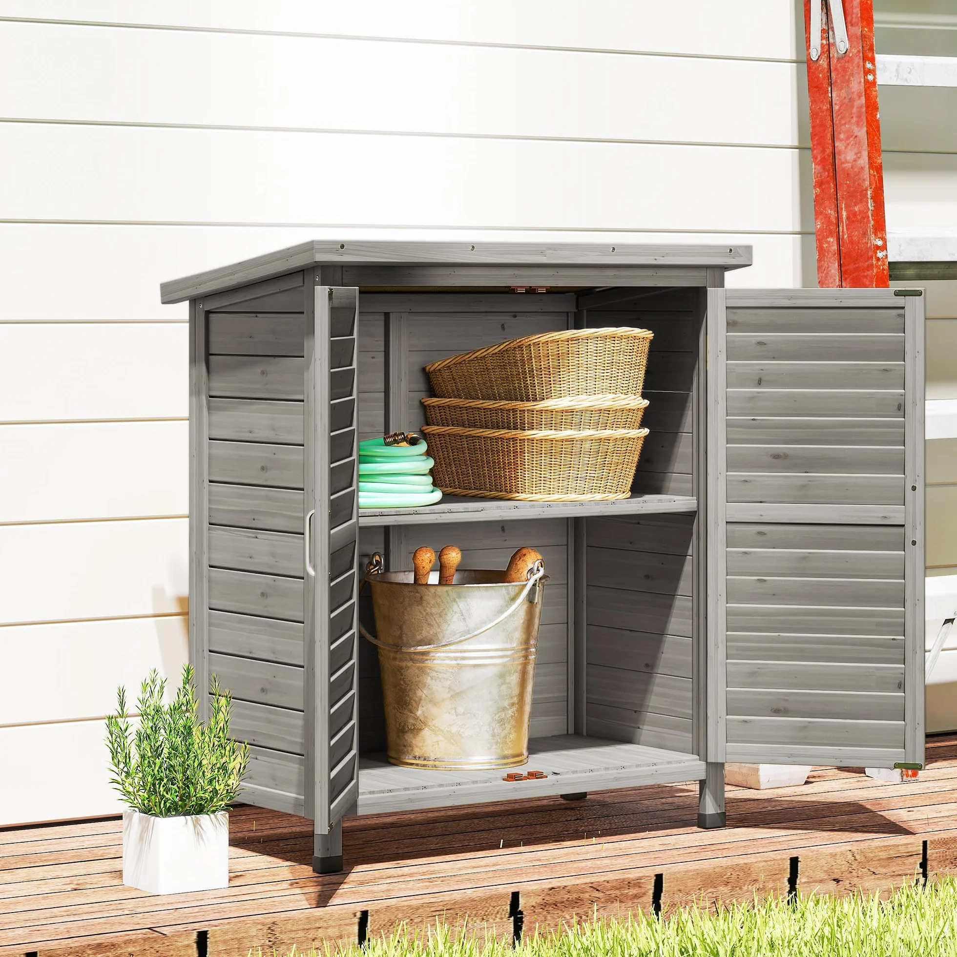 Outsunny Cobertizo de Almacenamiento de Madera para Jardín con 2 Estantes Interiores 2 Puertas y Techo Inclinado para Exterior Terreza 87x46,5x96,5 cm Gris