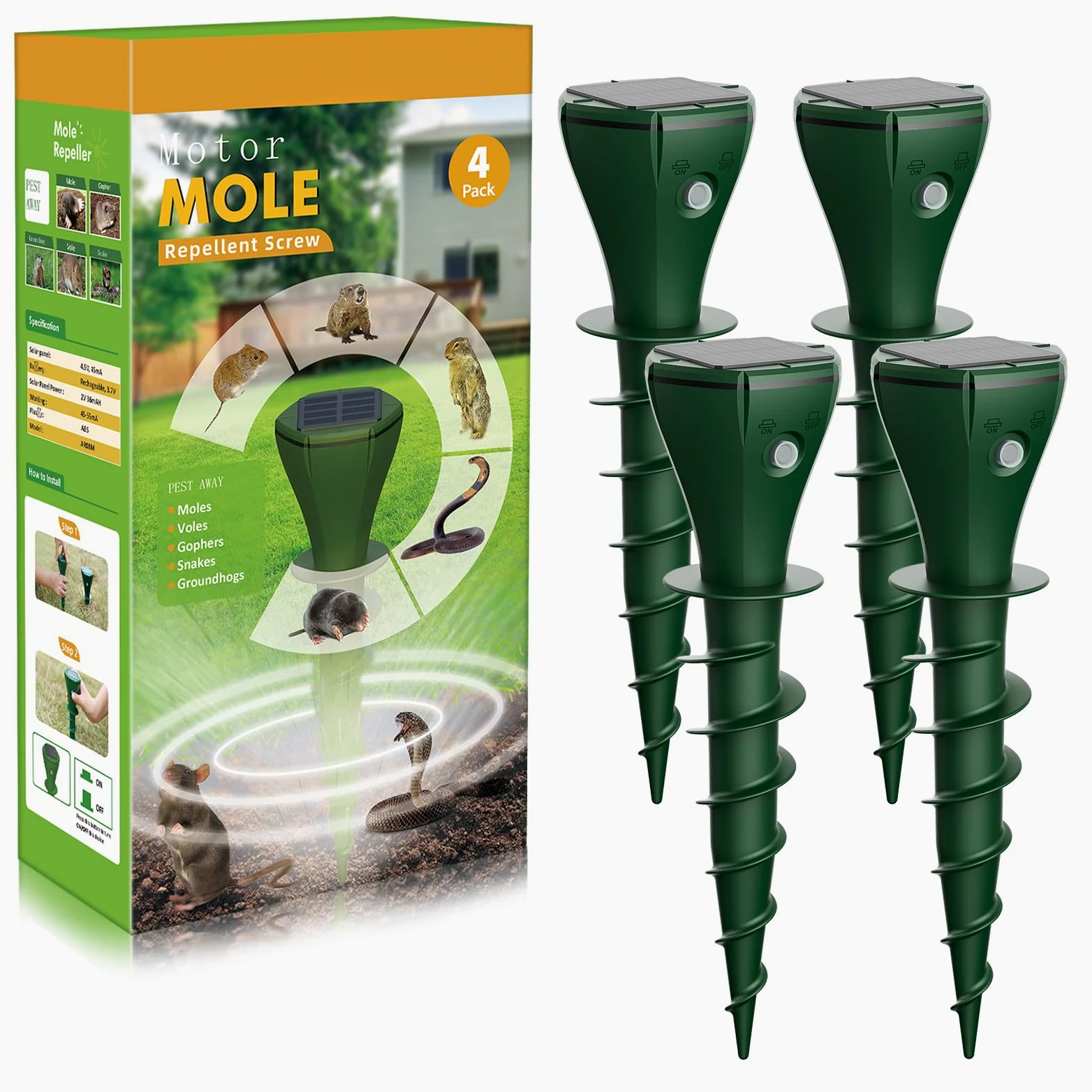 Ahuyentador de Topos Solares, 4 Piezas Ahuyentador de Ratones de Animales para la Expulsión de Topos, Ardillas de Tierra, Serpiente, Ratones de, IP65 Resistente al Agua, Verde