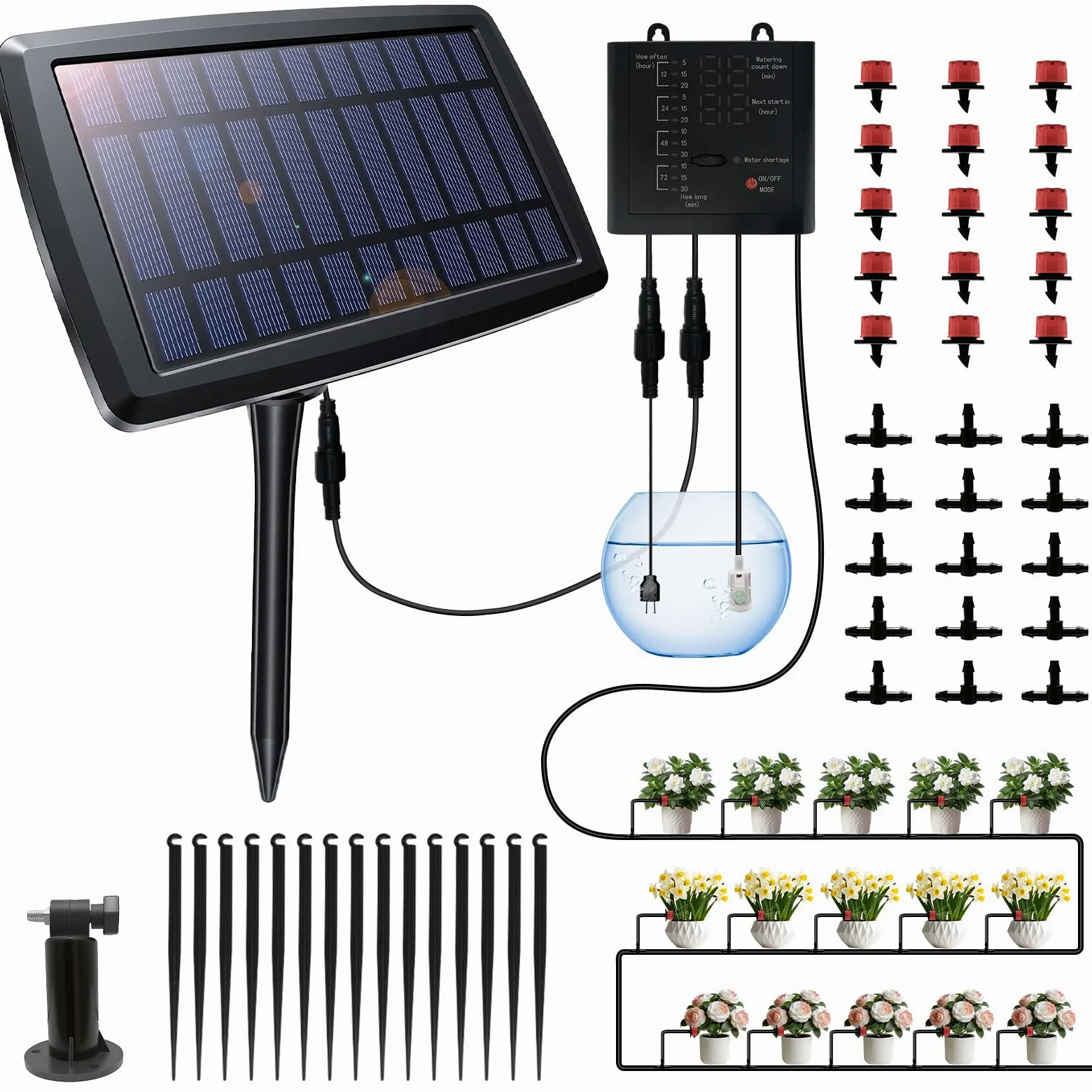 Sistema de riego por goteo automático solar, 12 ajustes de temporizador, sistema de riego de jardín, dispositivos de riego automático para plantas, camas elevadas, invernadero, viajes, impermeable