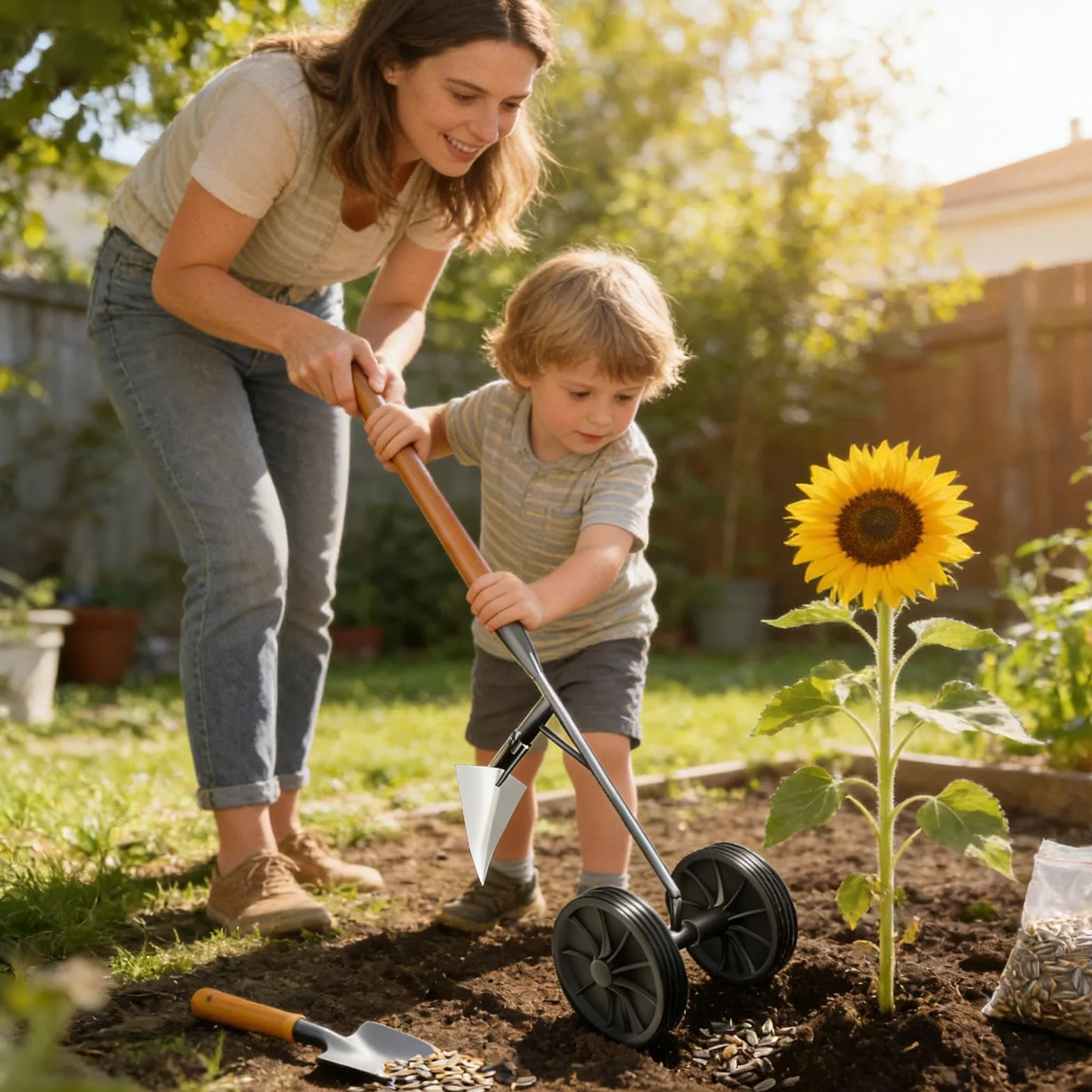 Azada de jardín de acero, 45 cm, con ruedas dobles para airear y cultivar, el cultivador de rodillo multifuncional, azada de césped manual con juego de arado para jardineros