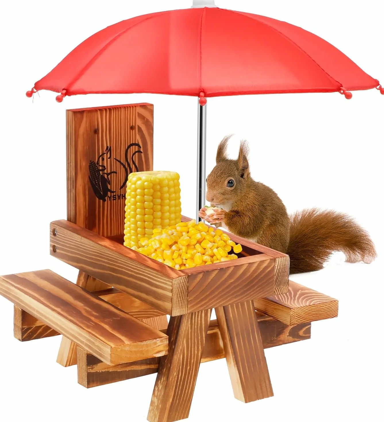 Alimentador de ardilla de madera con paraguas,Alimentador de ardilla para exteriores Mesa de picnic Divertida con estructura sólida Alimentador de ardilla con soporte para mazorcas de maíz
