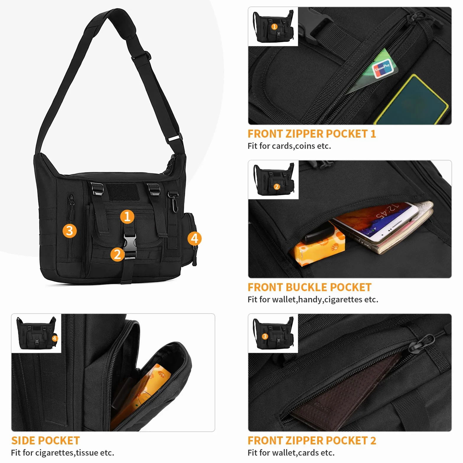Mochila de Hombro Militar Táctical Impermeable Negro Bolso de Bandolera Múltiple Función