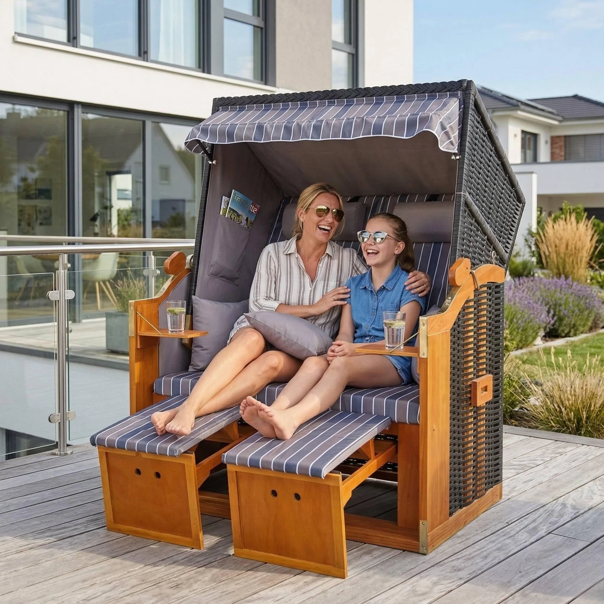 MR. DEKO Playa Mar Báltico volllieger Silla de Playa Tumbona de jardín Tumbona PE Trenzado Negro marrón Gris Antracita Incluye 4 Cojín – Dura y Polirratán para jardín, jardín de Invierno y Terraza