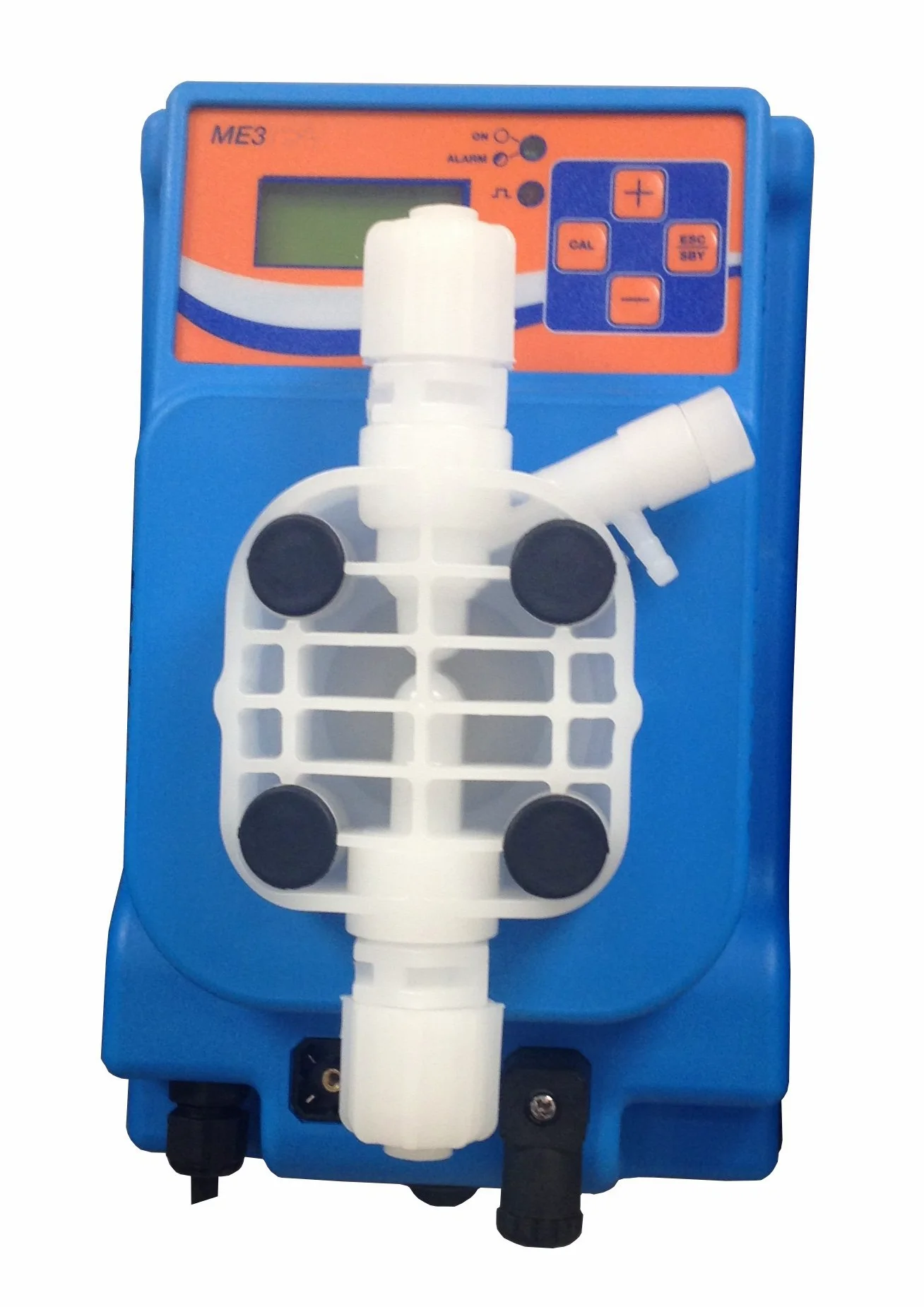 Bomba dosificadora electromagnética dosificada proporcional a la medida del pH o Rx (ORP) modelo ME3 PH/RX - 10 l/h a 2 bar 230 Vac, cabezal PVDF con juntas Viton para dosificación ácido o cloro.