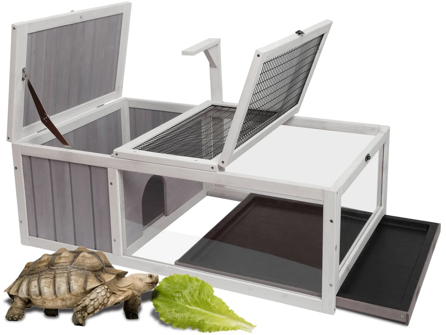 Tortuga House Hábitat Box de madera para interior y exterior, recinto para tortugas de interior para animales pequeños, jaula para reptiles de exterior gris