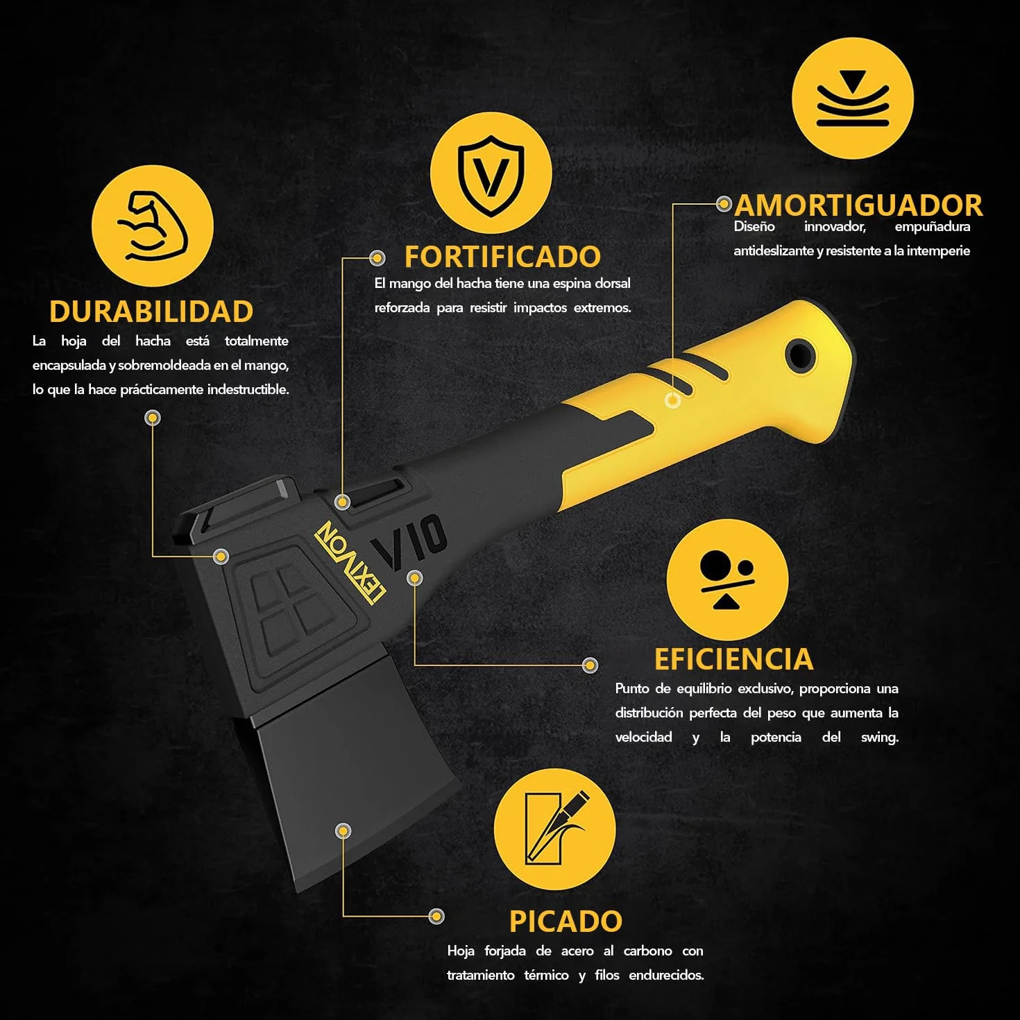 LEXIVON V10 Hacha de Camping de Longitud: 25 CM | Agarre ergonómico TPR, Mango Compuesto Ligero de Fibra de Vidrio | Funda Protectora incluida (LX-V10)