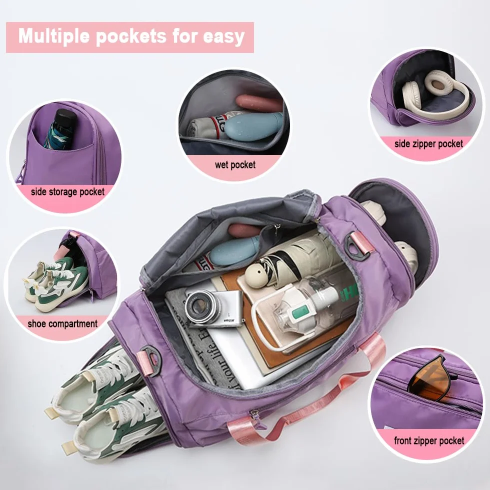 Bolsa de Deporte Mujer 28 L Impermeable Bolsillo Húmedo Compartimento Zapatos Resistente al Desgaste (Morado)