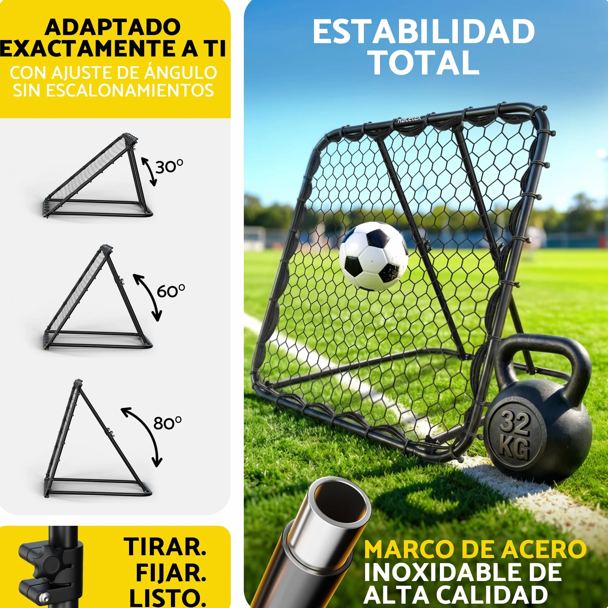 Racetex Rebounder para fútbol XXL 125 cm x 125 cm con ángulo ajustable