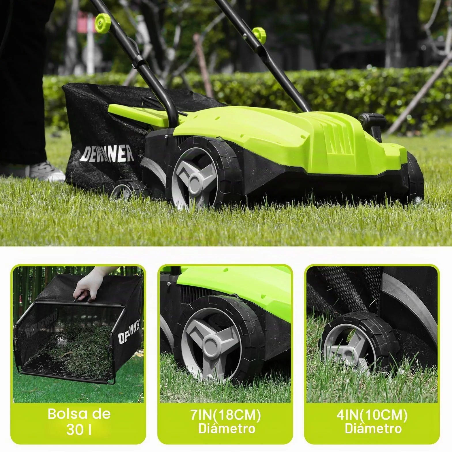 DEWINNER Escarificador eléctrico 2 en 1, aireador de césped 1500W, 32 cm de Ancho de Trabajo, Cesta de Recogida de 30 l, Ajustable en 4 Niveles de -12 Biz + 4 mm