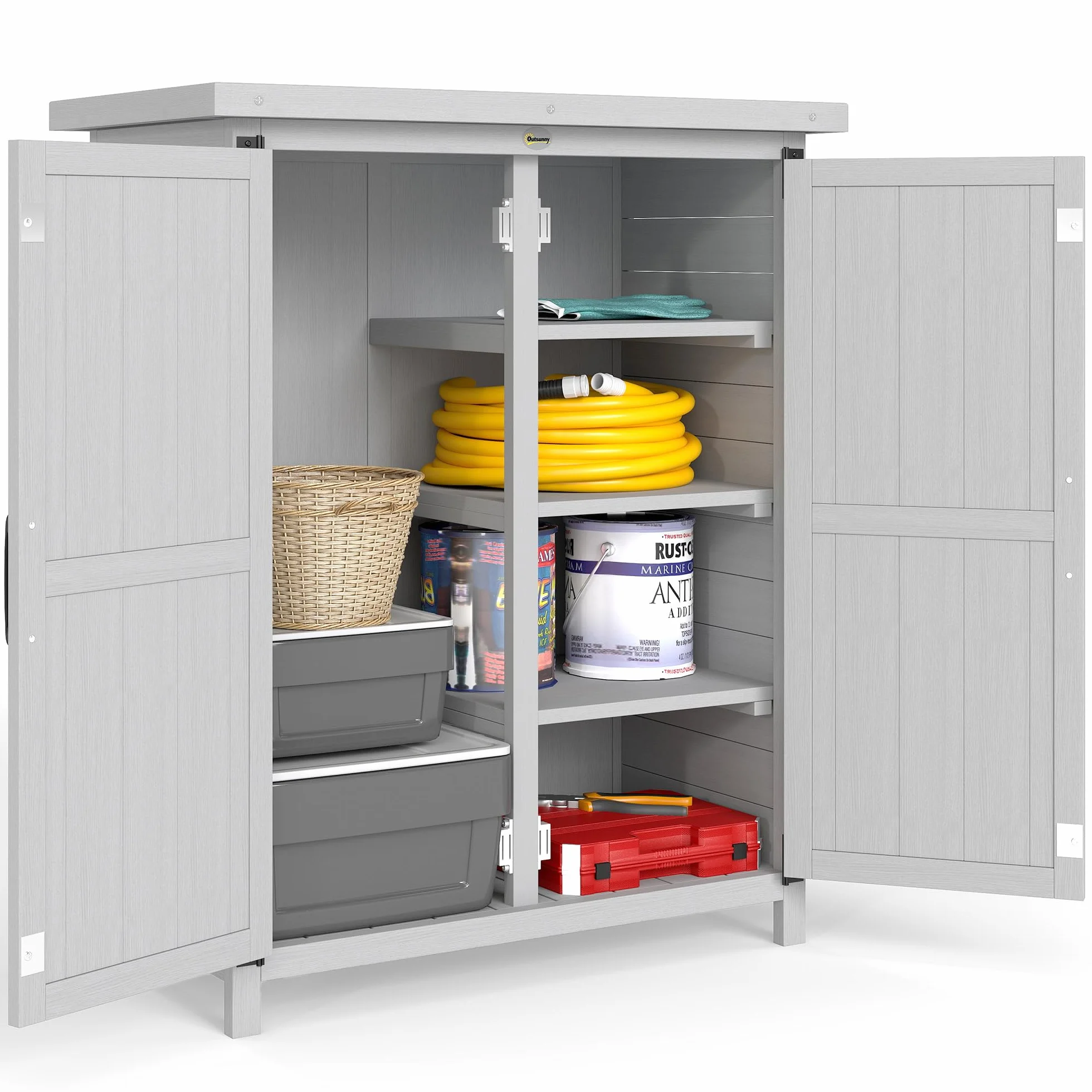 Outsunny Caseta de Jardín de Madera, 75x40x90 cm, Cobertizo Jardín Exterior, Armario para Almacenaje de Herramientas, con 4 Estantes, 2 Puertas y Techo de Acero Galvanizado, Gris