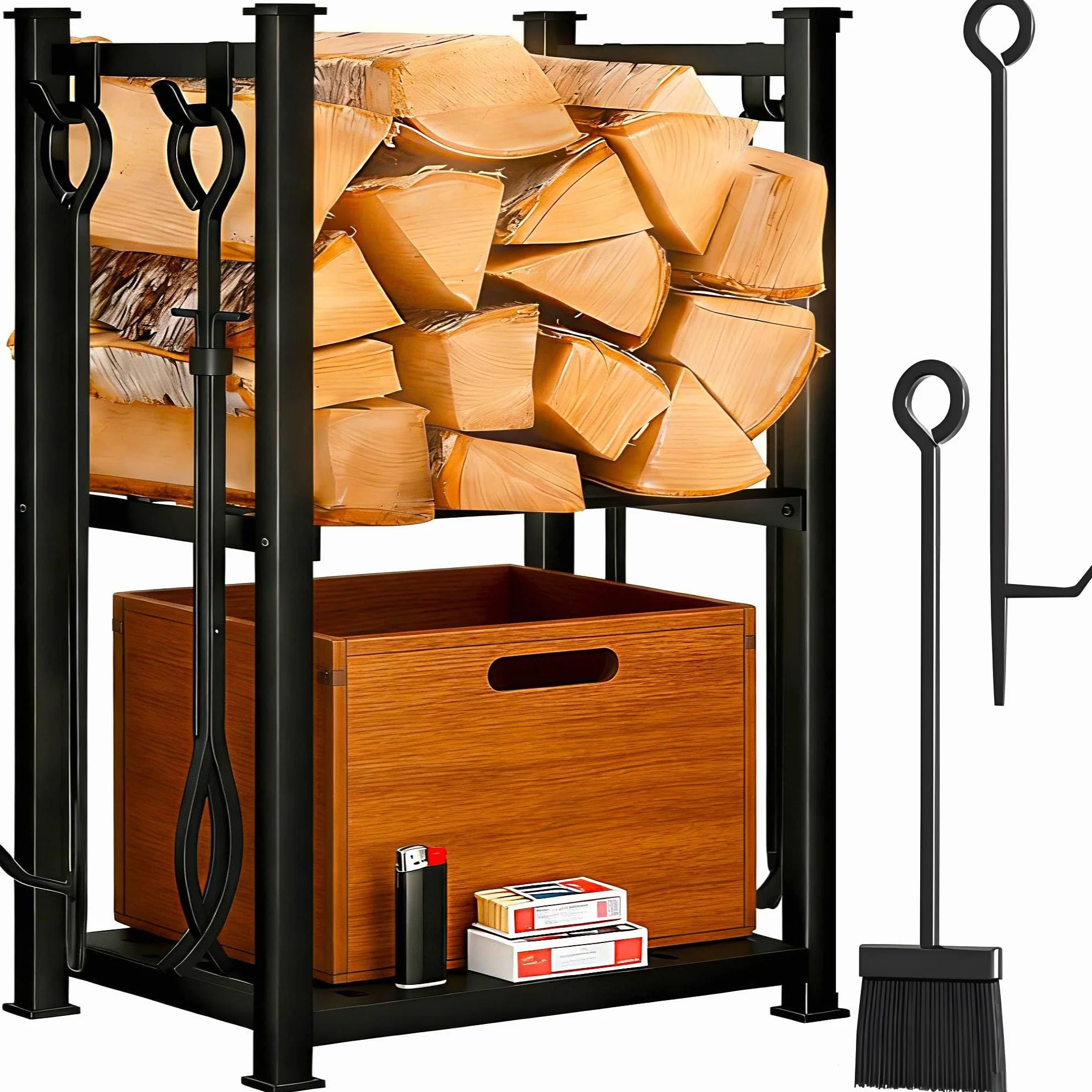 Amagabeli - Puerta de troncos con 4 herramientas, 72 x 46 x 30 cm, interior exterior, gran capacidad, conjunto de herramientas de chimenea, soporte de leña, herramientas de almacenamiento