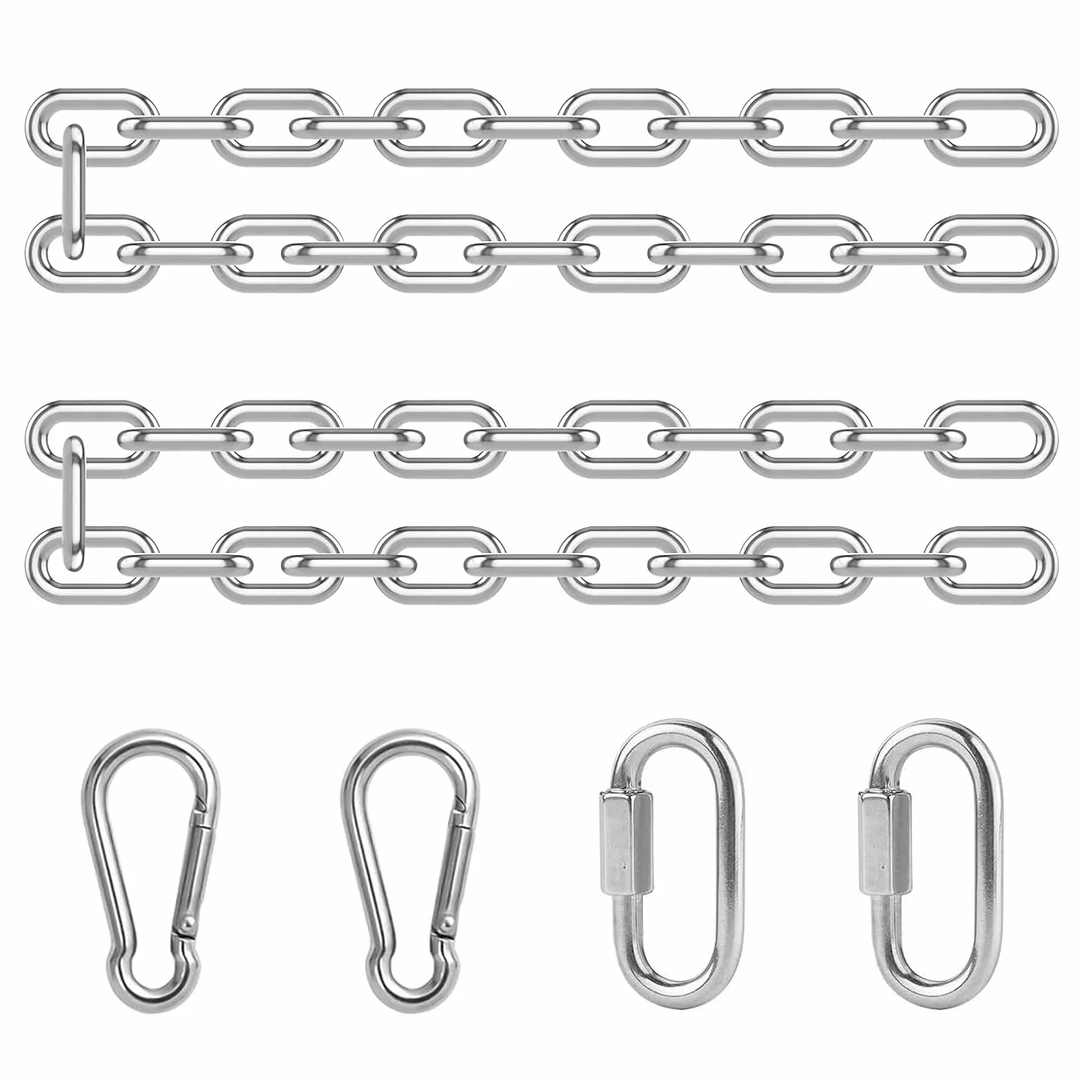 Jinsion 2 Piezas Cadena de Acero Inoxidable con 4 Mosquetón, 60cm Cadena Acero 304, Cadena Silla Colgante, Cadena Hamaca, Columpio de Cadena, Duradero Cadenas para Sacos de Arena, Macetas y Mascotas