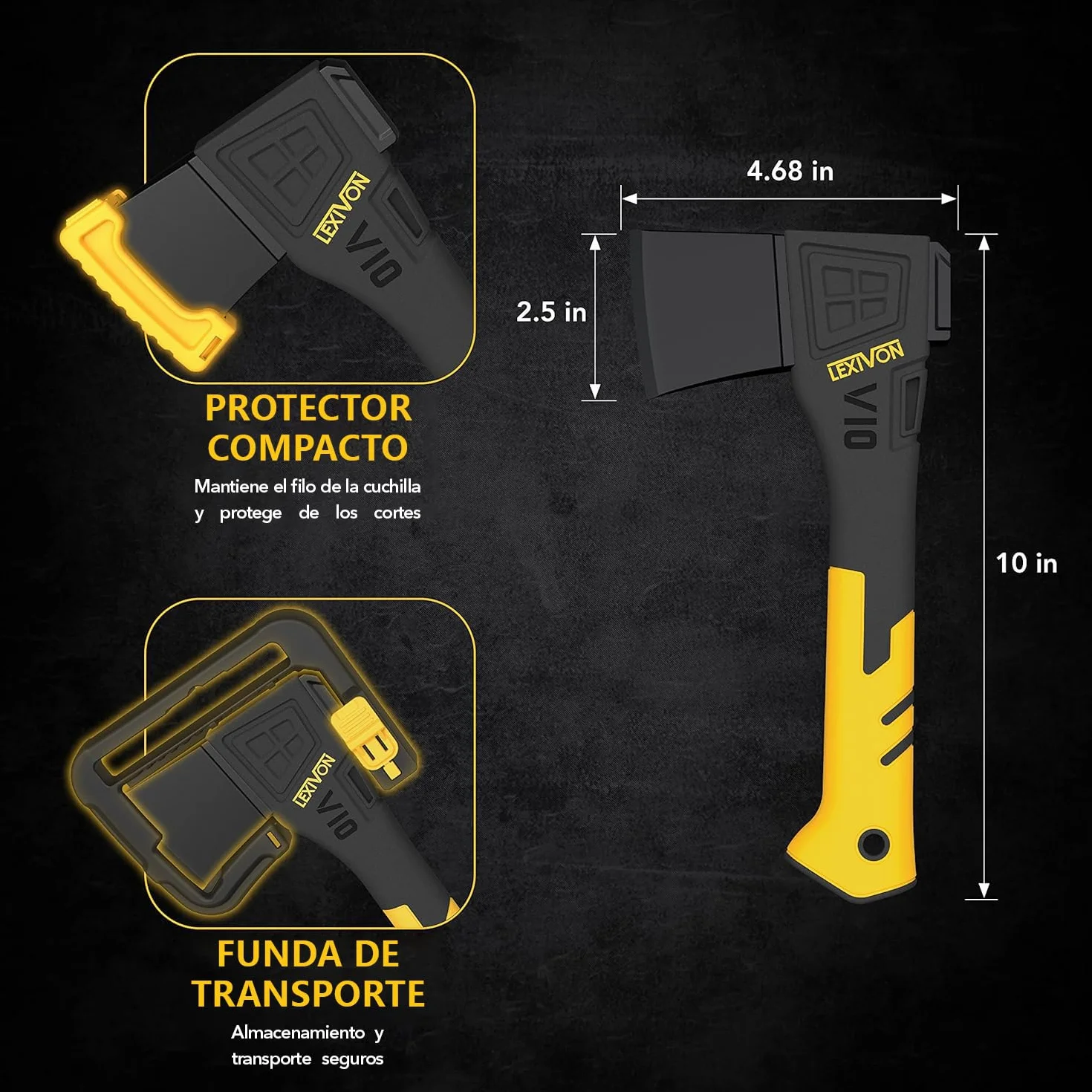 LEXIVON V10 Hacha de Camping de Longitud: 25 CM | Agarre ergonómico TPR, Mango Compuesto Ligero de Fibra de Vidrio | Funda Protectora incluida (LX-V10)