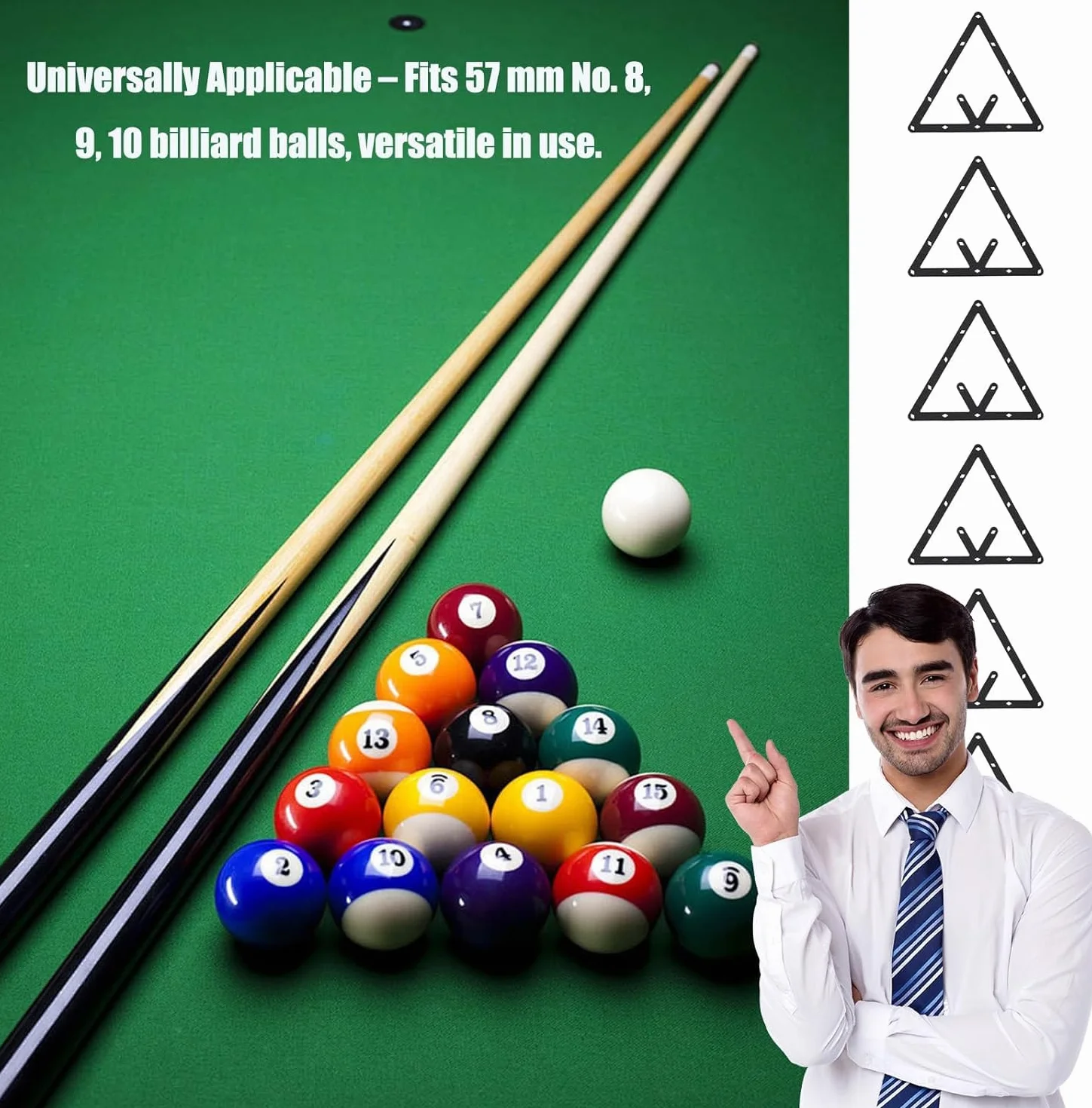 Juego de 6 plantillas de billar ultrafina para 8Ball, 9Ball y 10Ball – Triángulo preciso para alineación de bolas