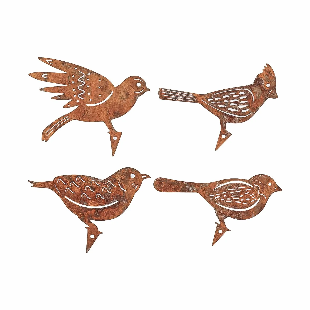 Paquete de 4 estacas de metal con pátina rústica para pájaros, ideales para vallas de madera y adornos de jardín.