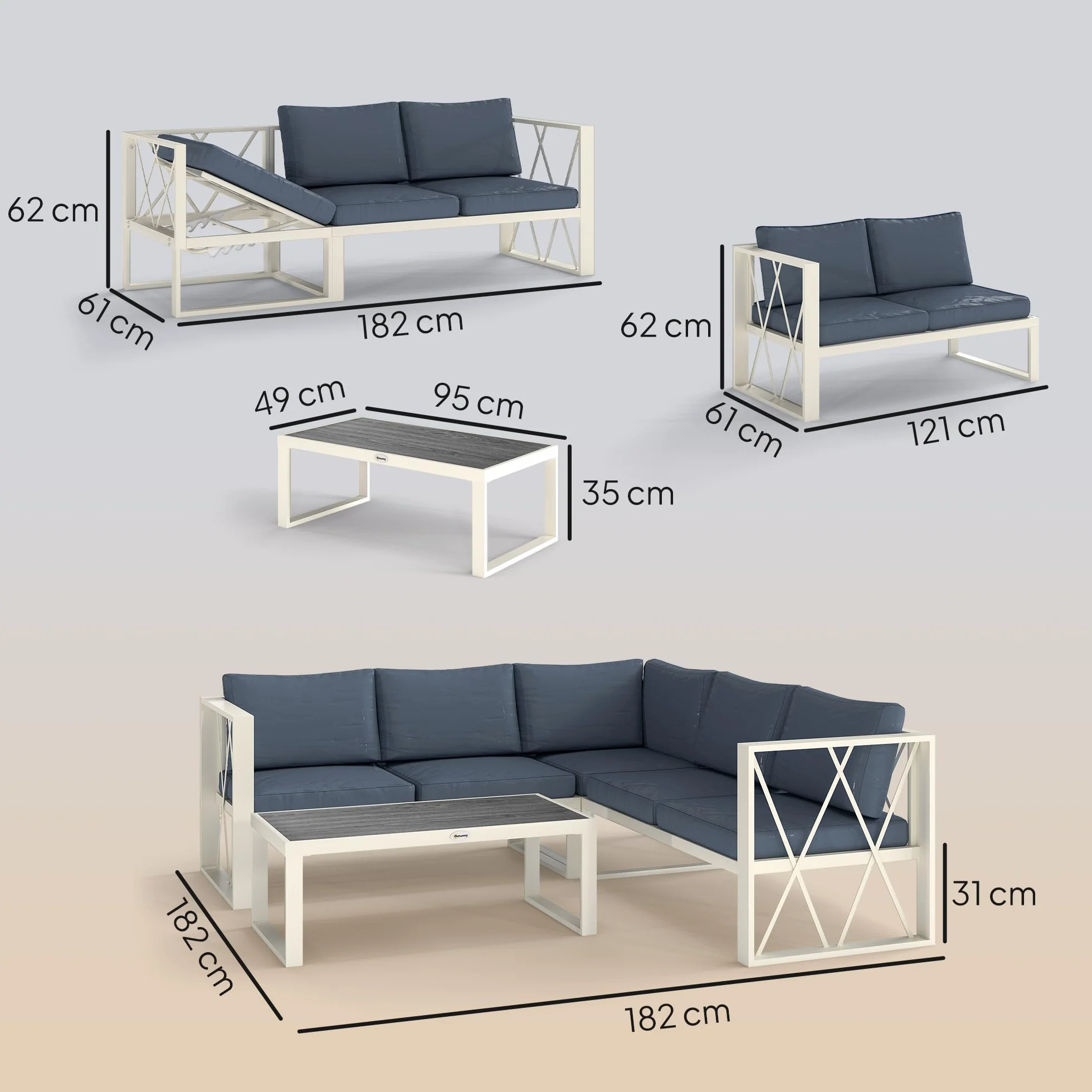 Outsunny Conjunto de Muebles Jardín Exterior de 4 Piezas Sofá Exterior Seccional Forma de L con 2 Sofás de 2 Plazas Sofá de Esquina con Asiento Ajustable y Mesa Centro de DPC con Cojines Beige y Gris
