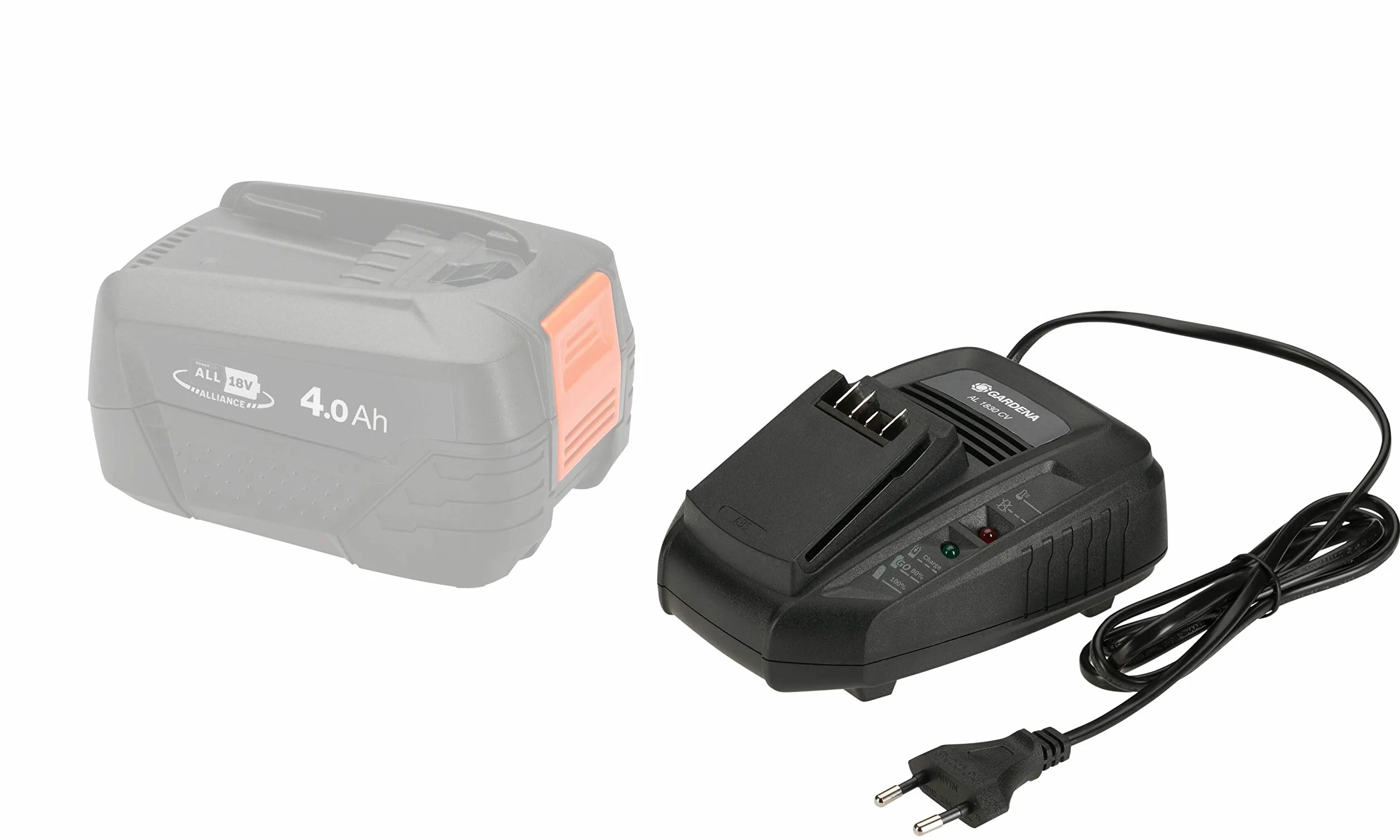 Gardena Cargador rápido AL 1830 CV: adecuado para todas las baterías de POWER FOR ALL 18 V, tiempo de carga de batería de 2,5 Ah 60 minutos, indicador de estado LED para el nivel de batería (14901-20)