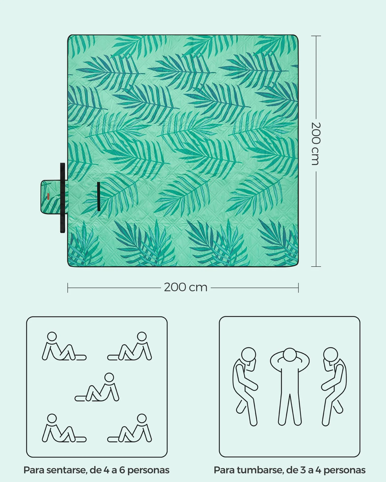 SONGMICS GCM001C02 - Manta de pícnic, 200 x 200 cm, Gran Alfombra, para Camping, Parque, jardín, Playa, Repelente al Agua, Lavable a máquina, Plegable, diseño de Helecho y Verde