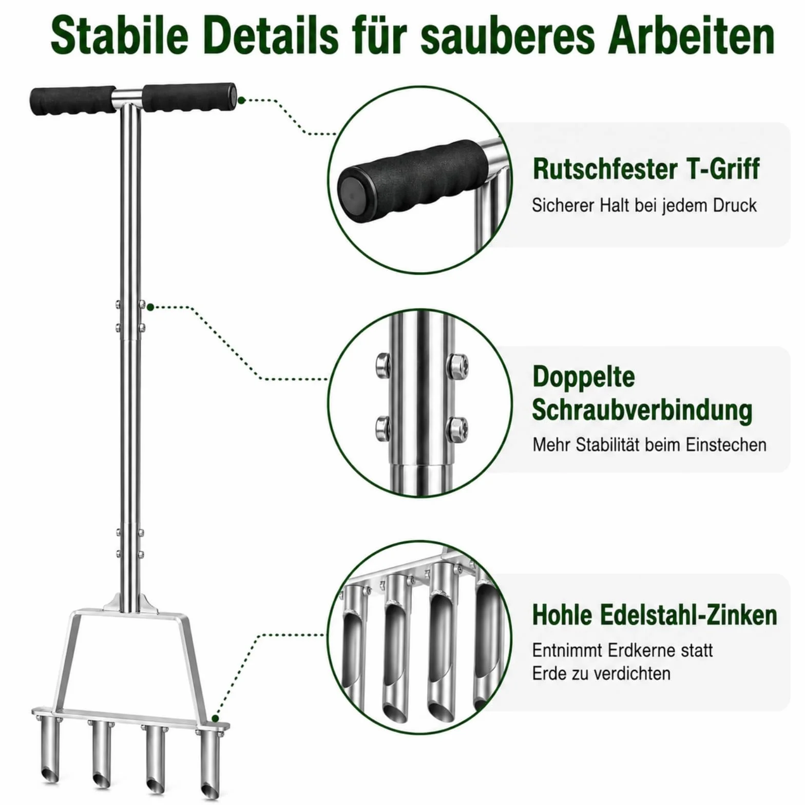 Aireador de Césped Manual de 4 Púas de Acero Inoxidable, Aireador de Césped con Mangos de T, Herramienta de Jardinería para Descompactar Suelo Duro, Arcilla y Césped Artificial