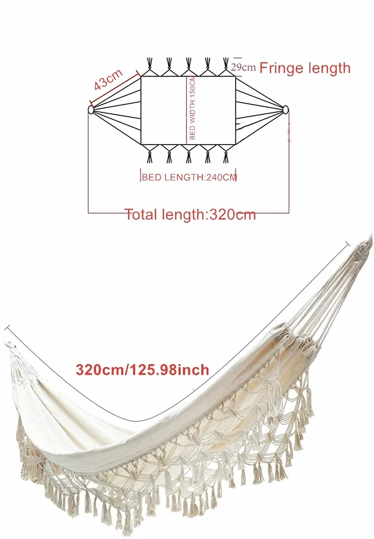 Hamac de Jardin Hamaca Colgante Doble de Algodón con Flecos para Colgar en la Playa o en el Patio Exterior Hamaca Bbrasileña (Crudo, 240cm*150cm,MAX Load 450lbs 50)