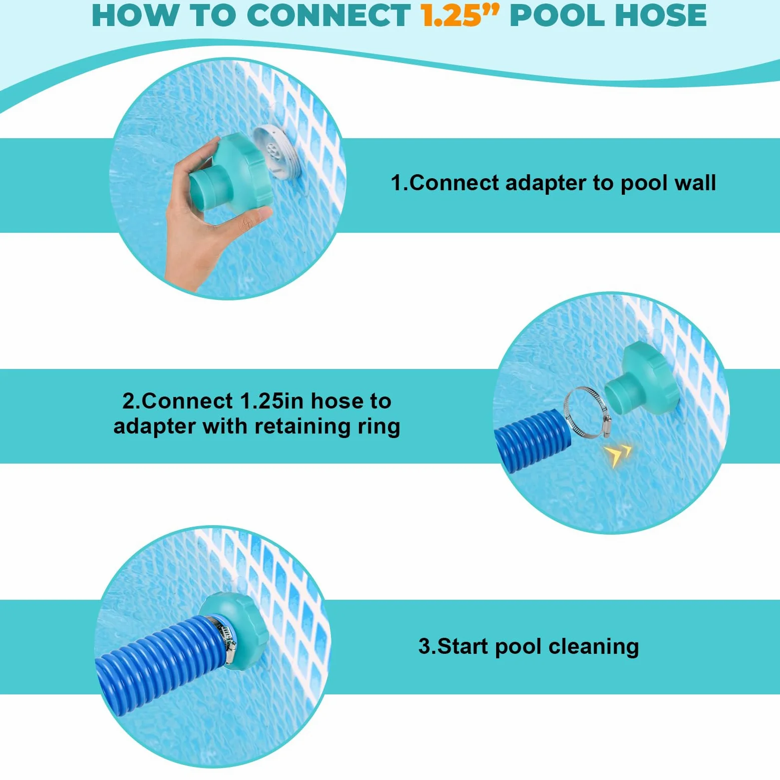 Juego de 2 adaptadores de manguera de vacío para piscina, adaptador de manguera de skimmer de piscina, conector B con puños y abrazaderas de manguera de piscina de 1-1/2 pulgadas, adaptador de