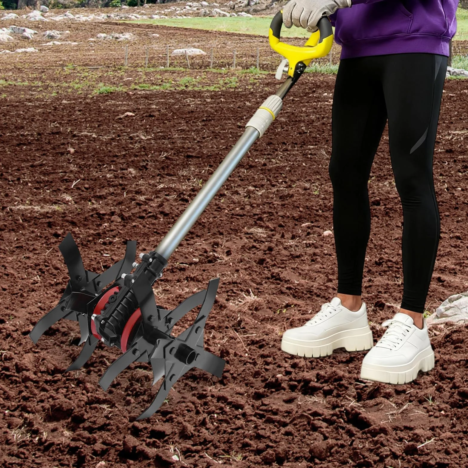 Rueda de fresado con dientes de cultivo, rueda de fresado de alto rendimiento, diámetro de barra de aluminio adecuado de 2,6 cm, para aflojar el suelo en huertos, jardines de té y superficies de