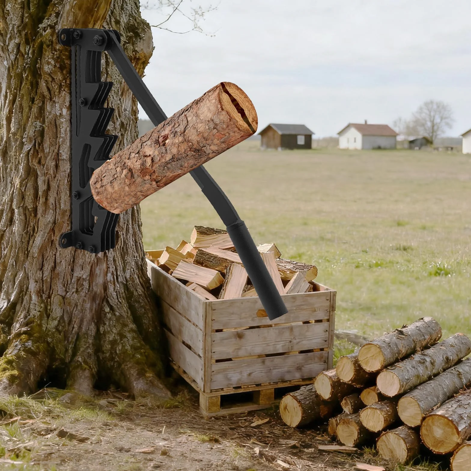 Astilladora manual de leña de hierro fundido, soporte de pared portátil para astillado de madera para interiores y exteriores, incluye 2 asas desmontables, porta leña, guantes y bolsa para leña