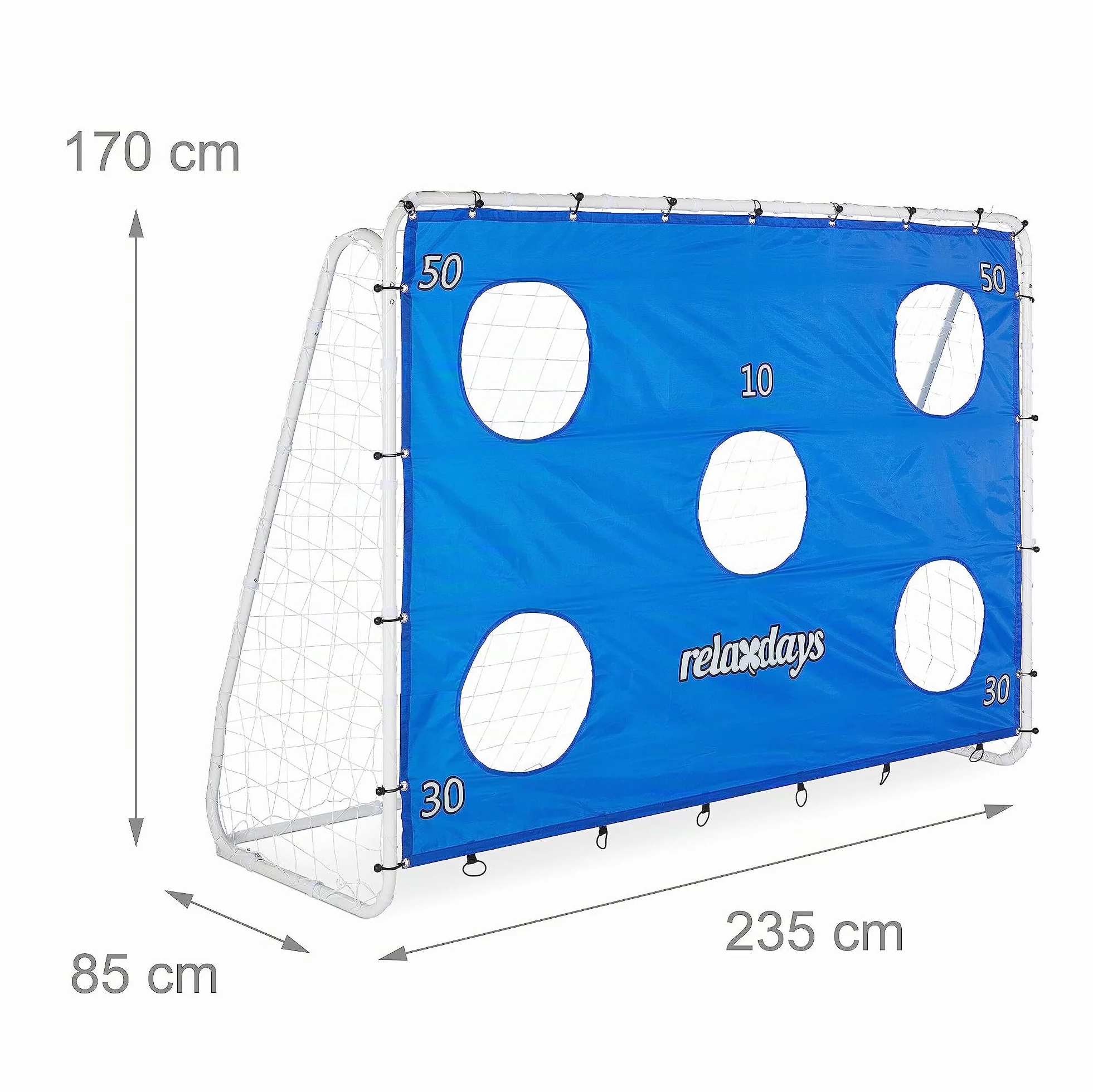 Relaxdays Portería XL con Lona Precisión, Arco Fútbol Jardín, 170x235x85 cm, Acero, Azul y Blanco
