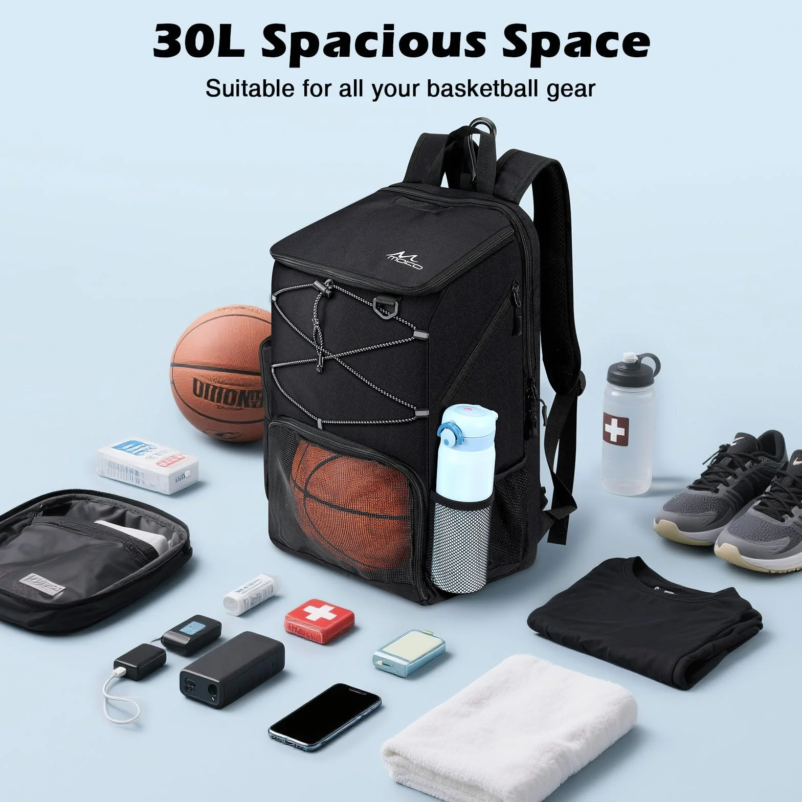 MoKo Mochila de Baloncesto Transpirable con Bolsa para Zapatillas, Múltiples Bolsillos, Gancho Oculto, Puerto de Carga, Negro