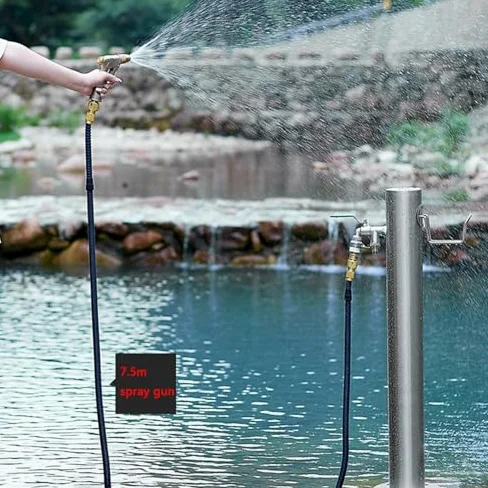 Grifo de agua de acero inoxidable para exteriores con soporte de manguera, grifo de jardín independiente para uso en patio y patio