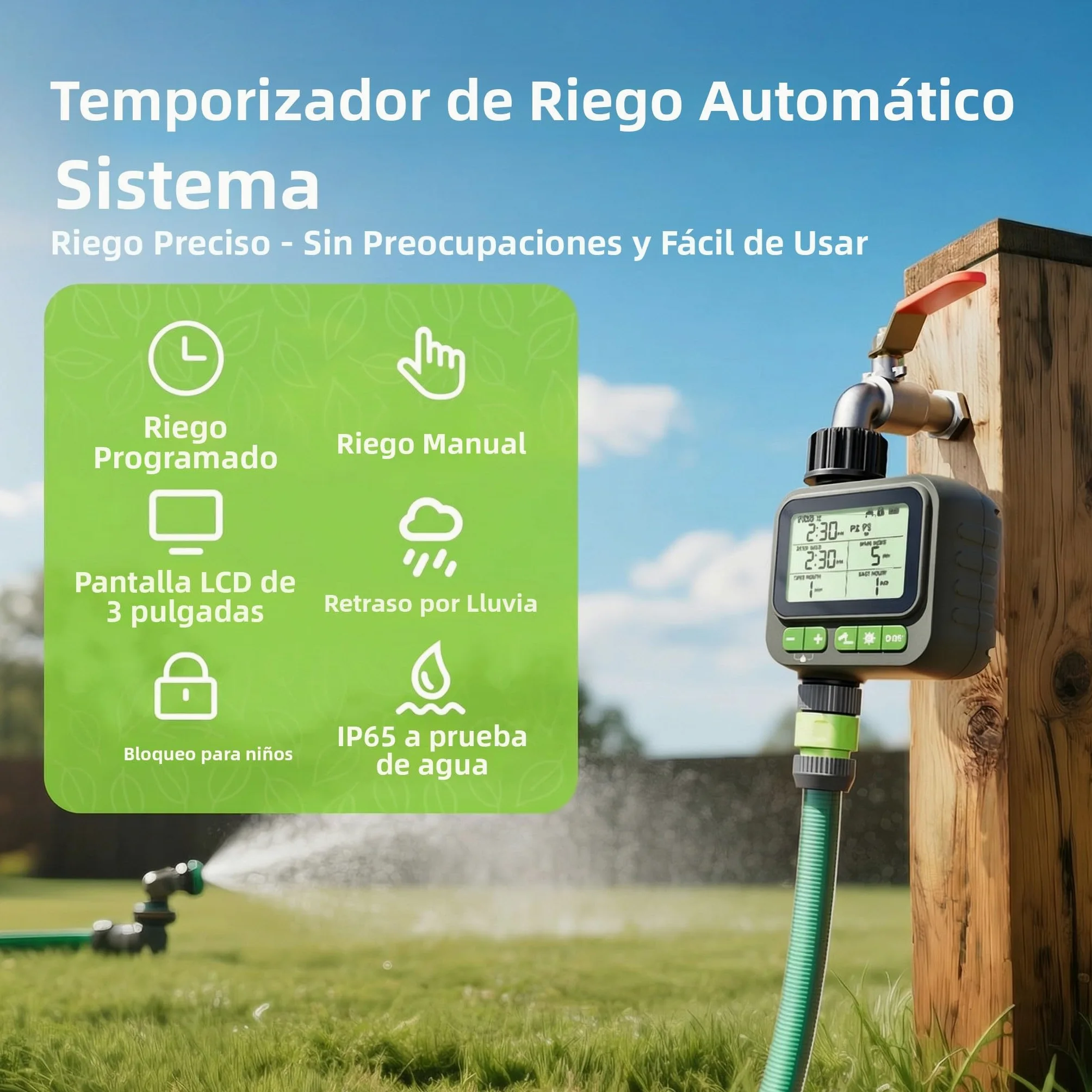 Temporizador de riego automático con Gran Pantalla LCD – Modo Manual/automático, función de retardo por Lluvia