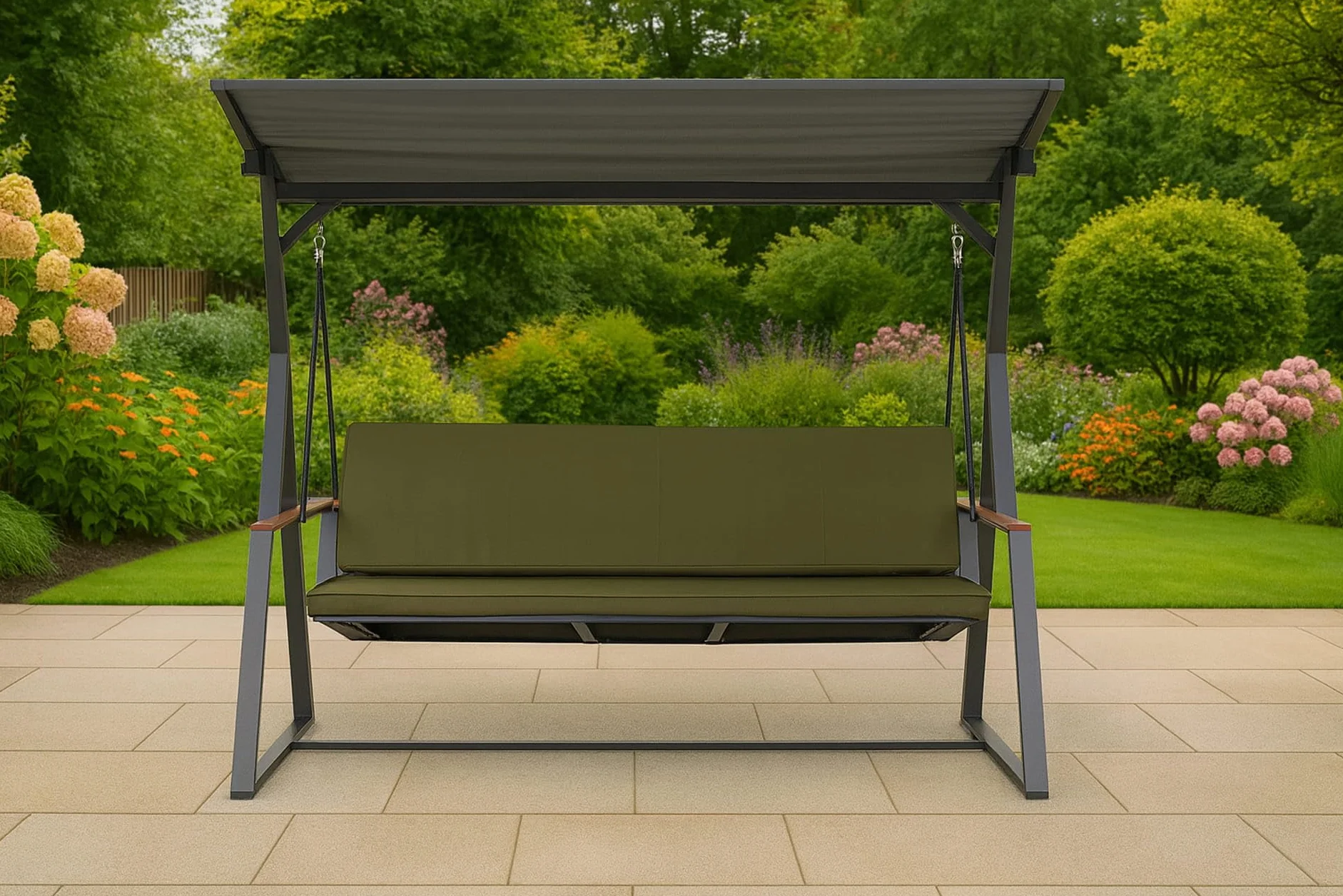 Cojín para columpio de jardín, 7 cm de grosor, acolchado para asiento y respaldo, funda extraíble, reversible, juego de cojines de jardín (verde oliva, 160 x 50 x 50 cm)