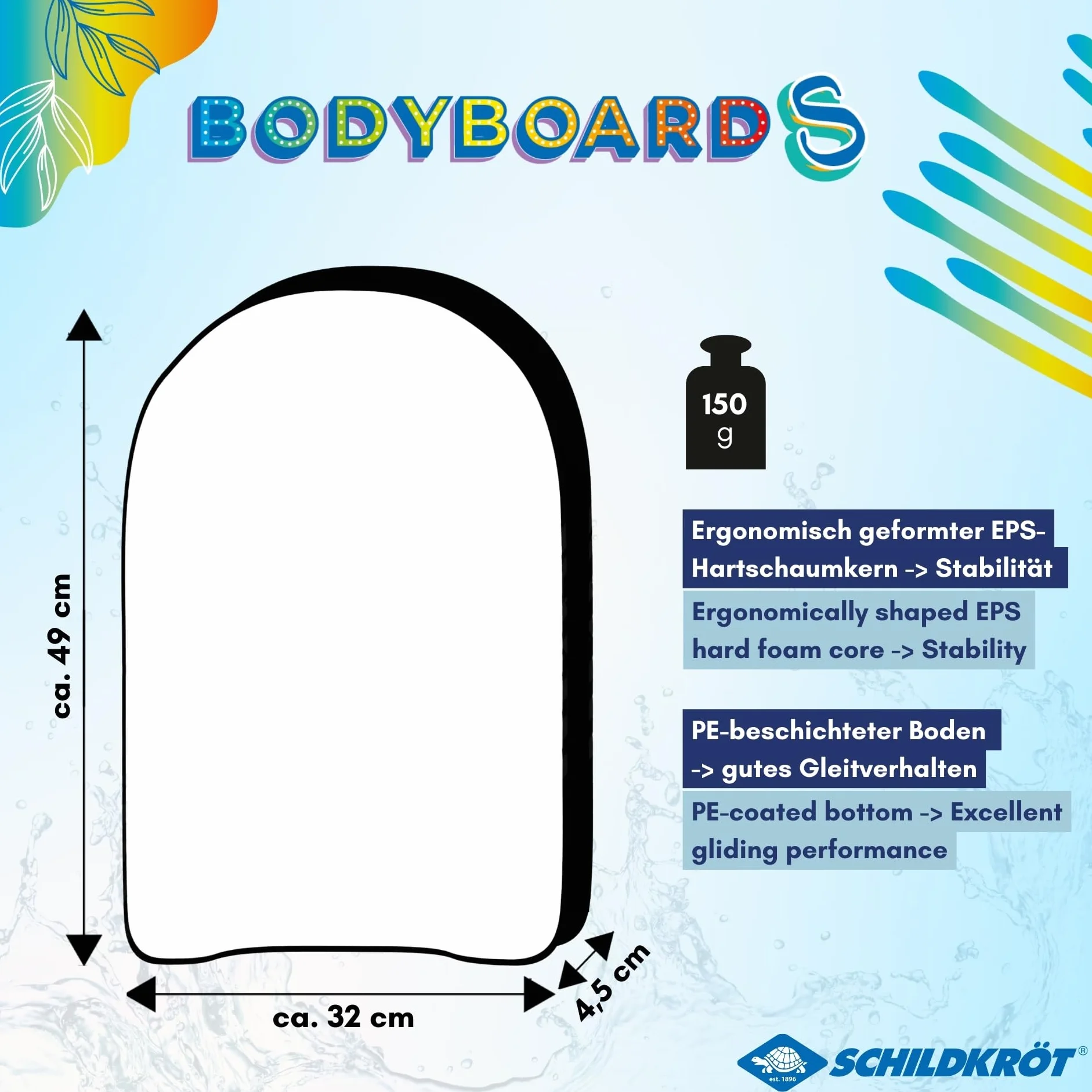 Schildkröt Tabla de Bodyboard 49 x 32 cm EPS Núcleo de Espuma Cubierta de Nailon 60 kg 970322