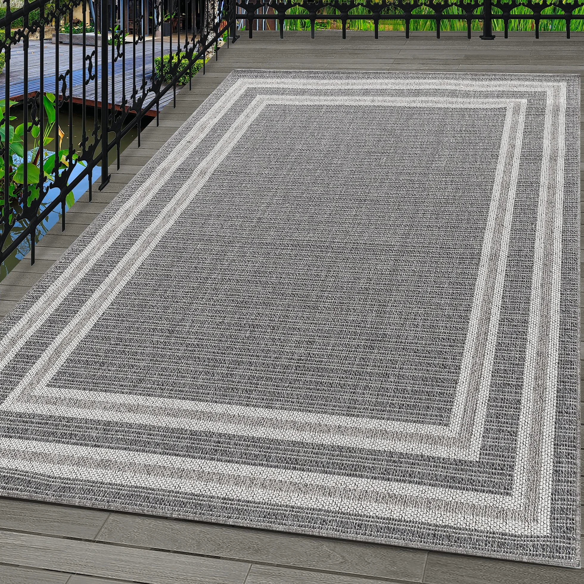 Carpetsale24 Alfombra de Exterior, Color Gris, diseño de Borde, 110118, Alfombra Rectangular, Alfombras para terraza-balcón-jardín o Cocina, 160 x 230 cm