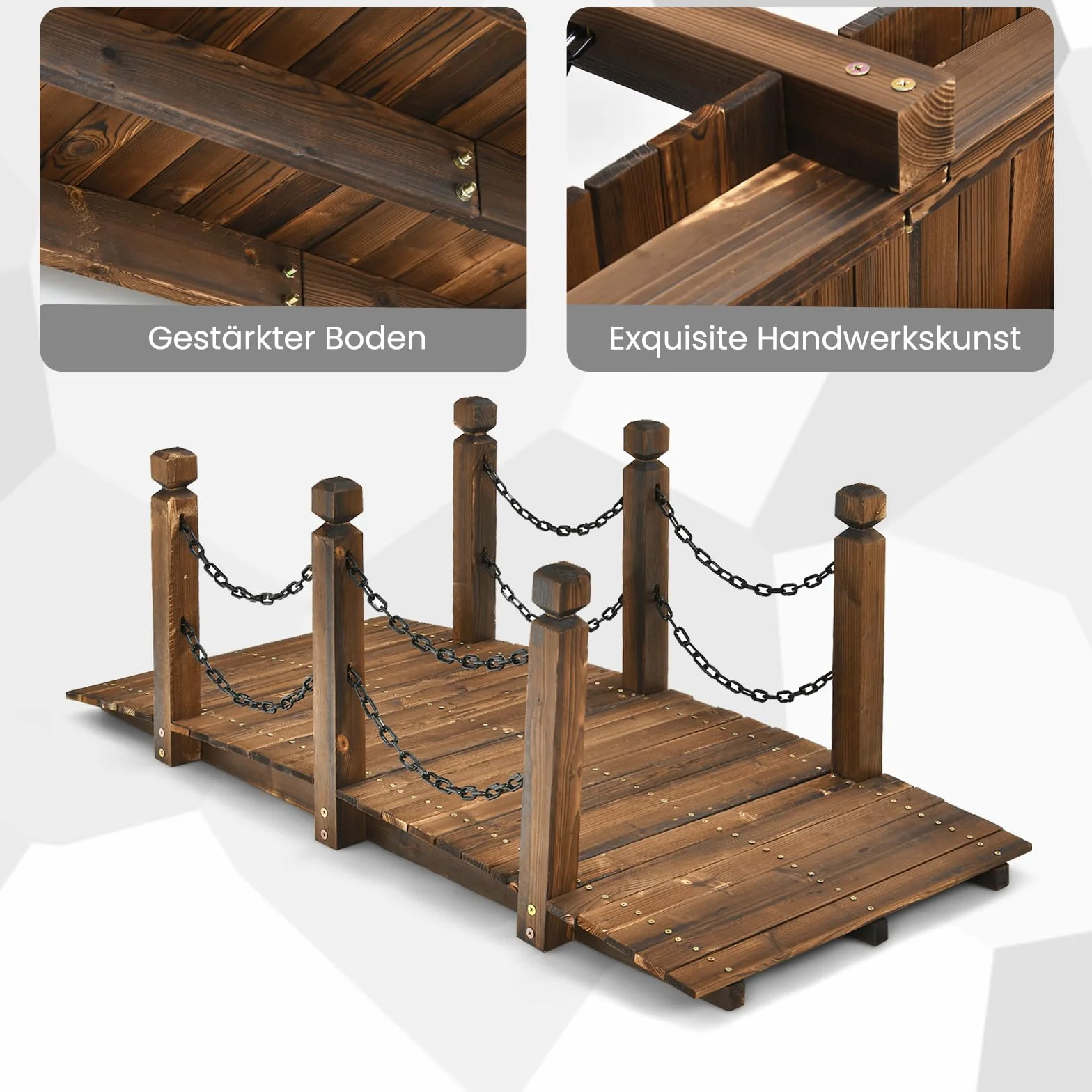 GOPLUS Puente de madera de abeto, 150 x 67 cm x 55 cm, puente para estanque soporta hasta 180 kg, puente de jardín con barandillas y cadenas, puente para jardín, parque, patio trasero