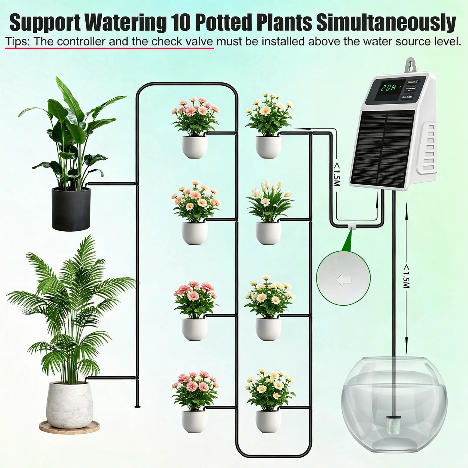 Sistema de riego automático por goteo solar con manguera de riego de 10 m | Bomba automática de riego de jardín, sistema de riego para jardín, plantas en macetas, invernadero, patio, interior, exterior