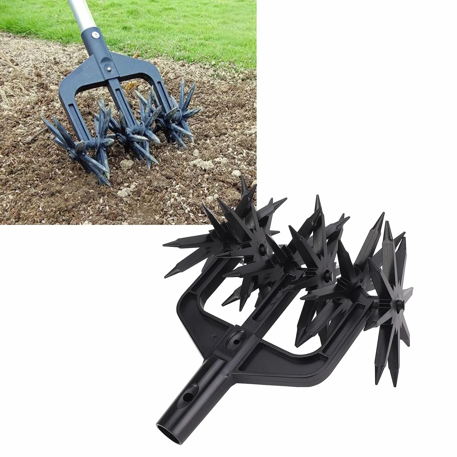 Cultivador Rotativo de Jardín, Cimor de Mano Ajustable con Ruedas de Plástico Desmontables y Largas Picos, Herramienta de Cultivador del Suelo para la Aireación