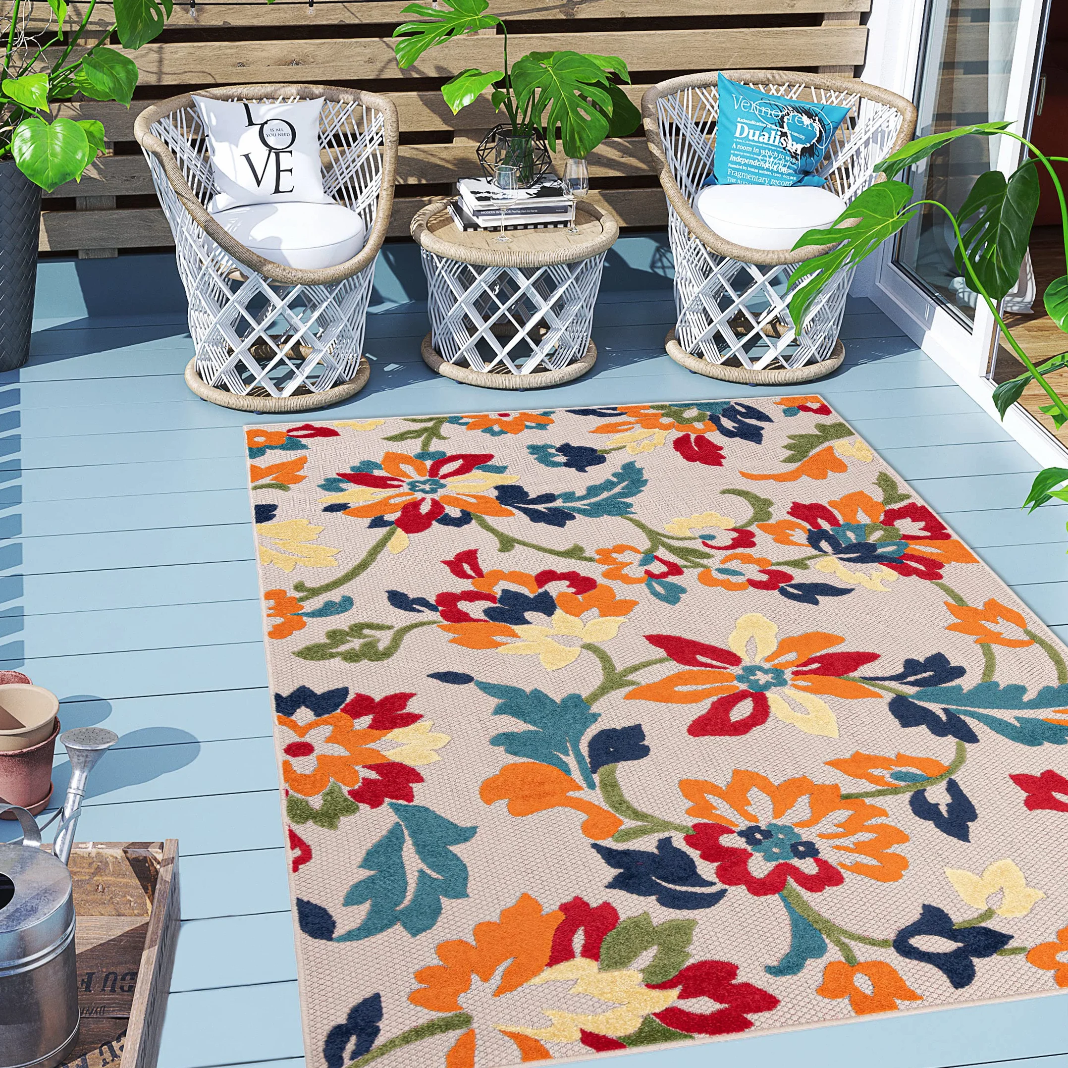 Mazovia Carpeto Rugs Alfombra - Diseño Floral Orientale de Outdoor - Impermeable Alfombra Exterior - Alfombras de Patio, Balcón y Veranda - Naranja Colorido 120x170 cm