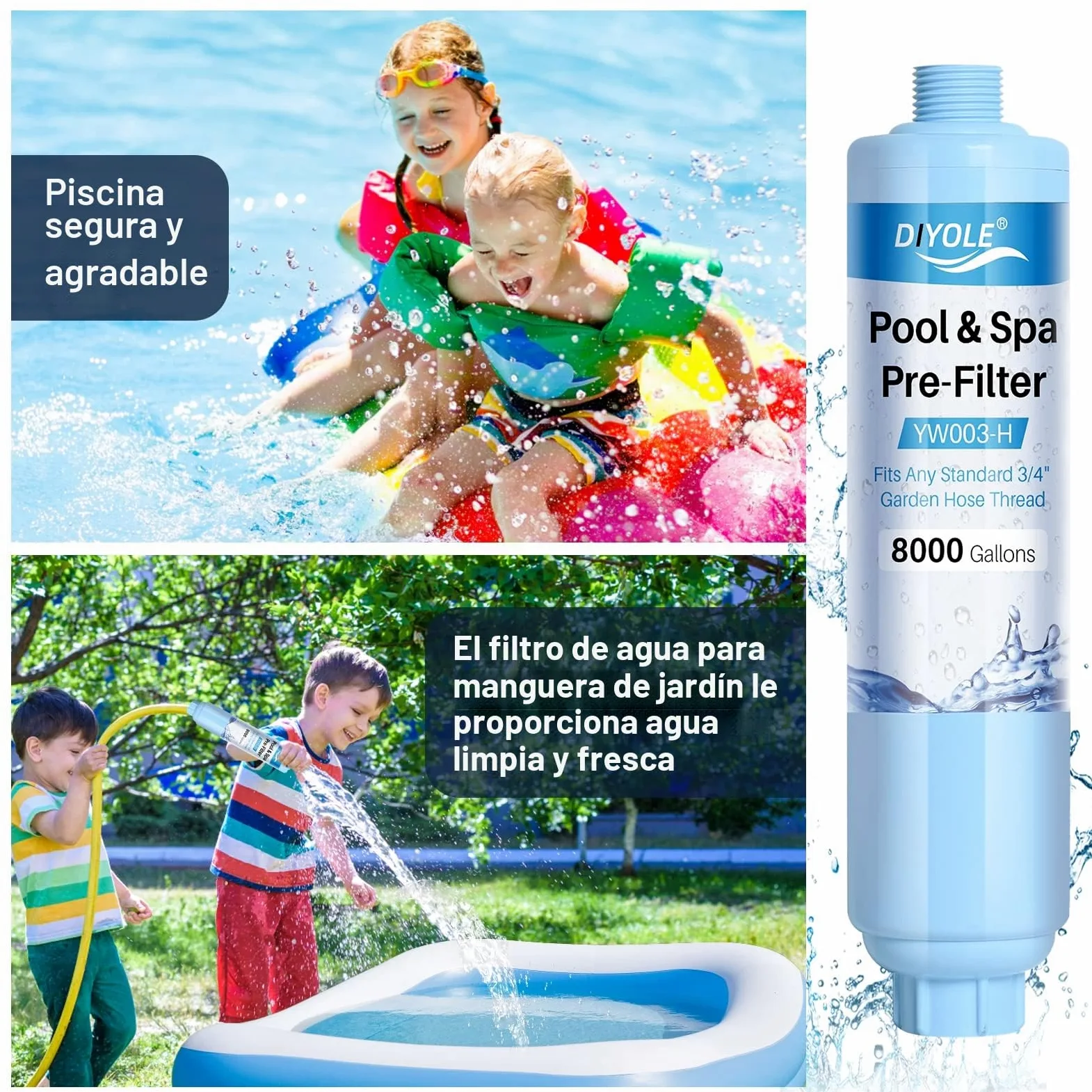 Filtro de manguera de jardín para llenar piscina, jacuzzi, spa, reduce considerablemente los sedimentos, cloro, metales pesados y olores, rosca estándar de manguera de jardín de 3/4 pulgadas,