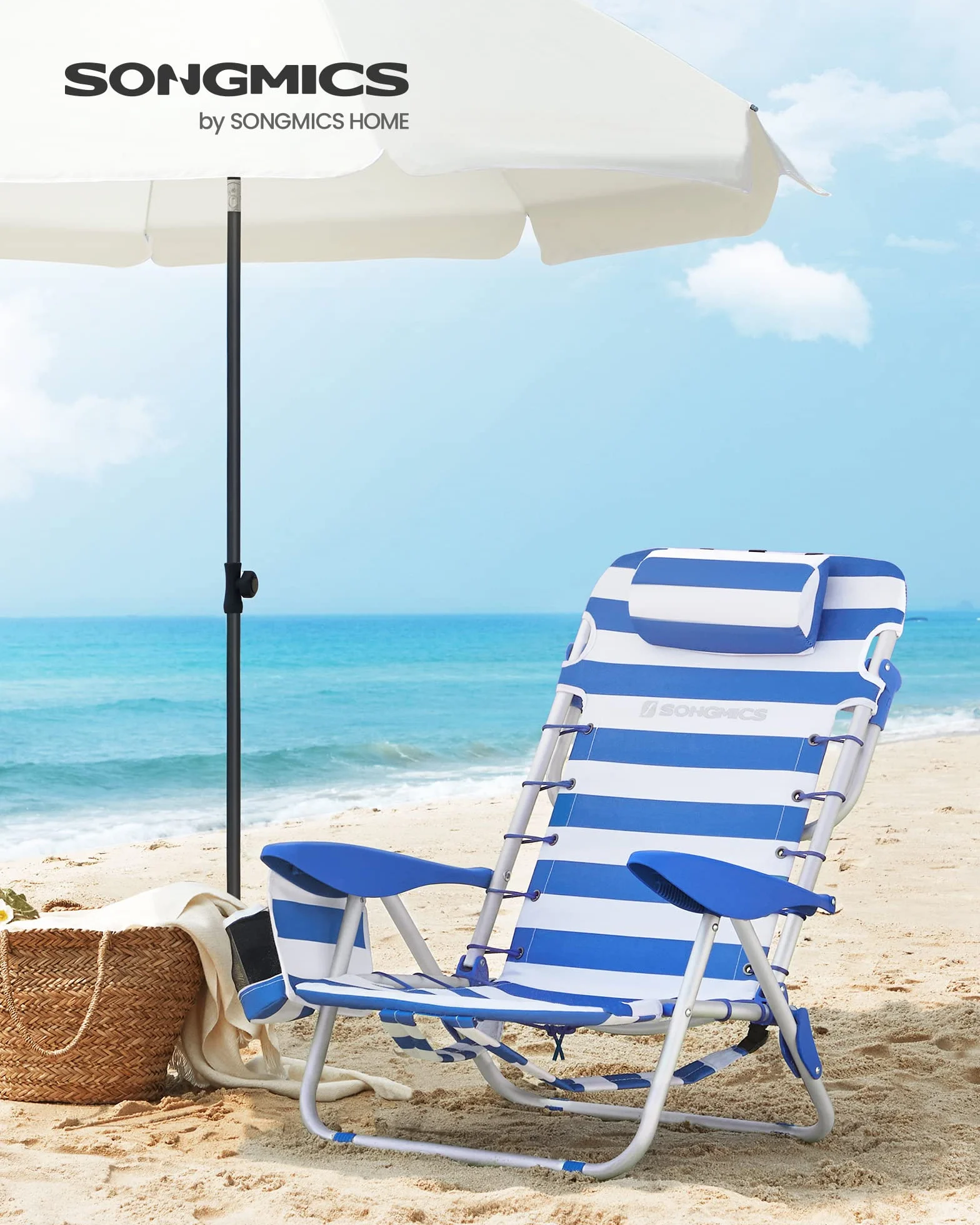 SONGMICS - Silla de Playa, Silla Plegable para Camping, con Correa, Respaldo Ajustable, reposacabezas, apoyabrazos, 2 Fundas Laterales, Azul y Blanco GCB62BU